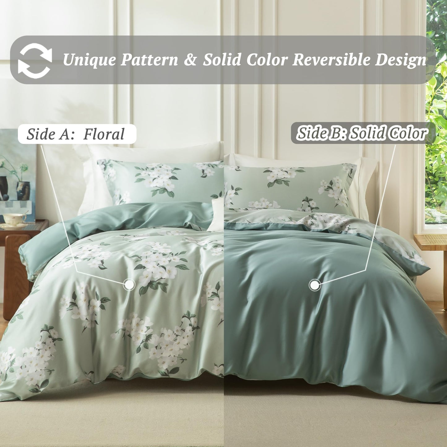 MILDLY Queen Size Duvet Cover Set 100% Long-Staple Cotton Luxury Sage Green Floral Patten Reversible Comforter Cover Set 3Pcs