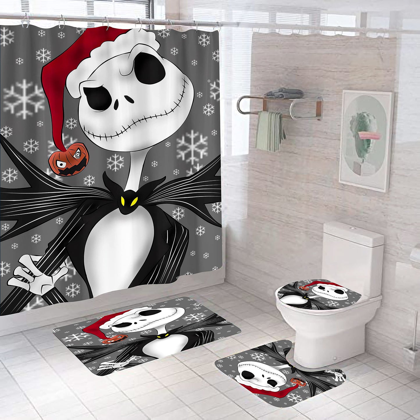 DDS-DUDES 4Pcs Christmas Shower Curtain Sets Kids Bathroom Halloween Christmas Decor with 12 Curtain Hooks for Bathroom, Waterproof 71 x 71 inch (D00048)