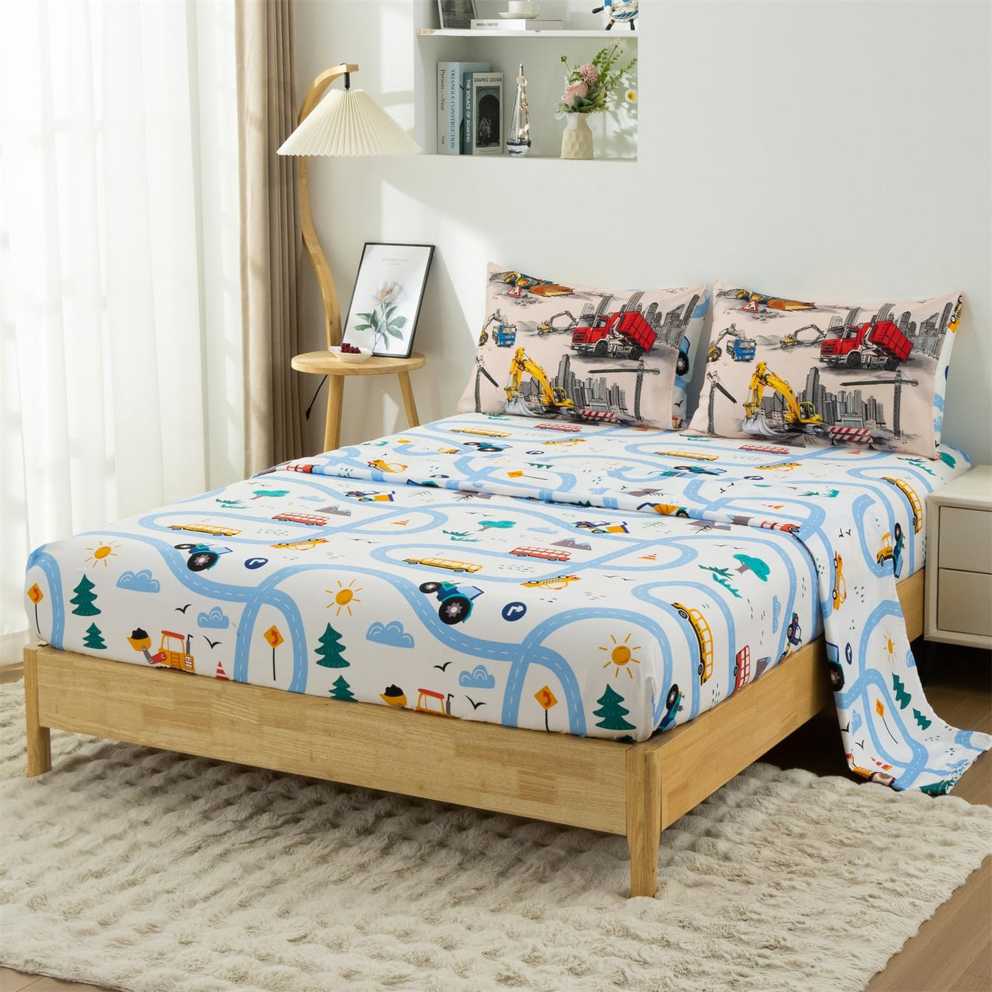 Holawakaka Trucks Tractors Cars Boy Bedding Comforter Set with Sheets, Twin Size Cartoon Construction Car Excavator Print Kids Bed in A Bag 5-Piece, Boys Reversible Dorm Bed Sets (Camel Twin)