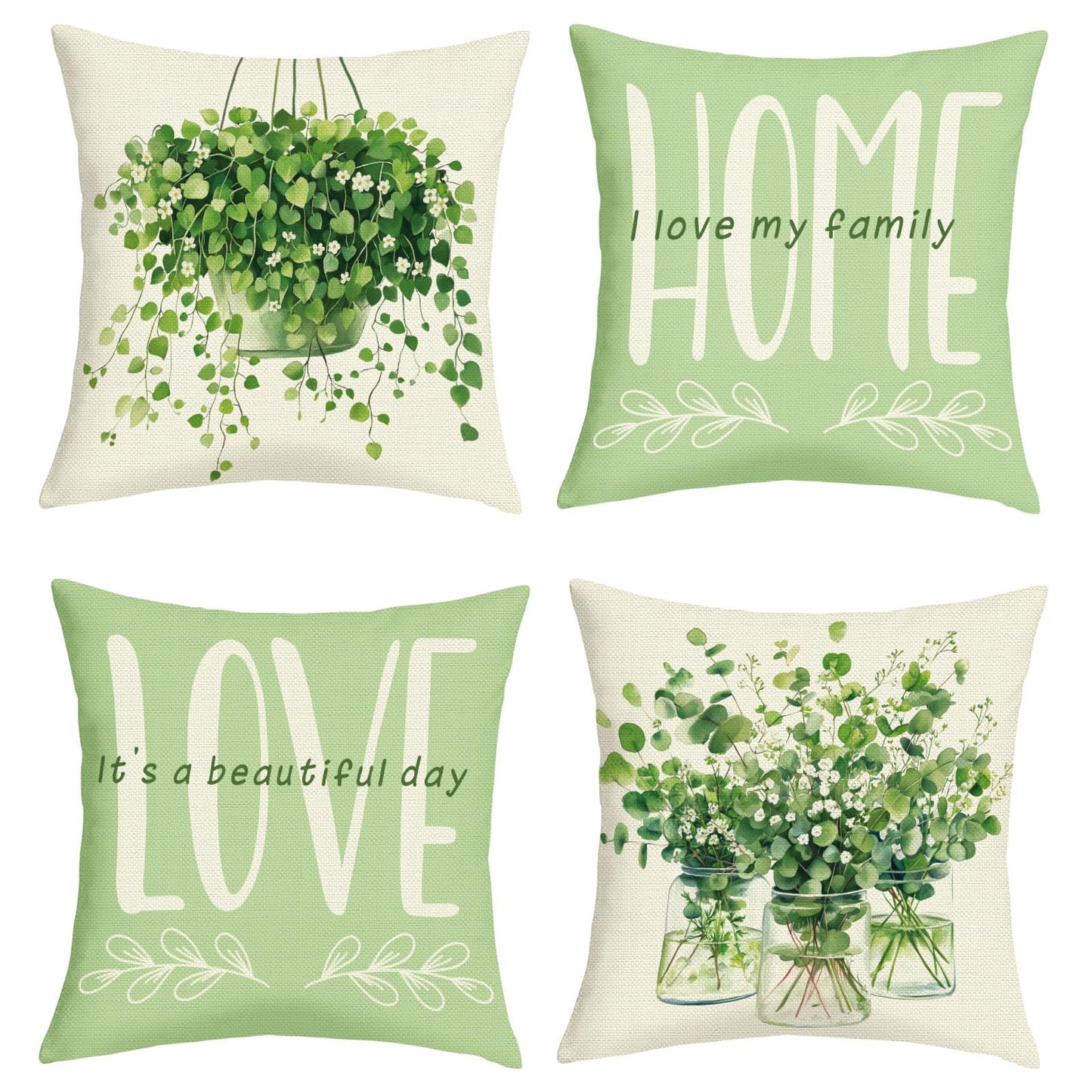 Joymaison Green Farmhouse Throw Pillow Covers 18x18 Inch Set of 4 Green Plants Leaves Cushion Covers Home Decor for Couch Cushion Cases