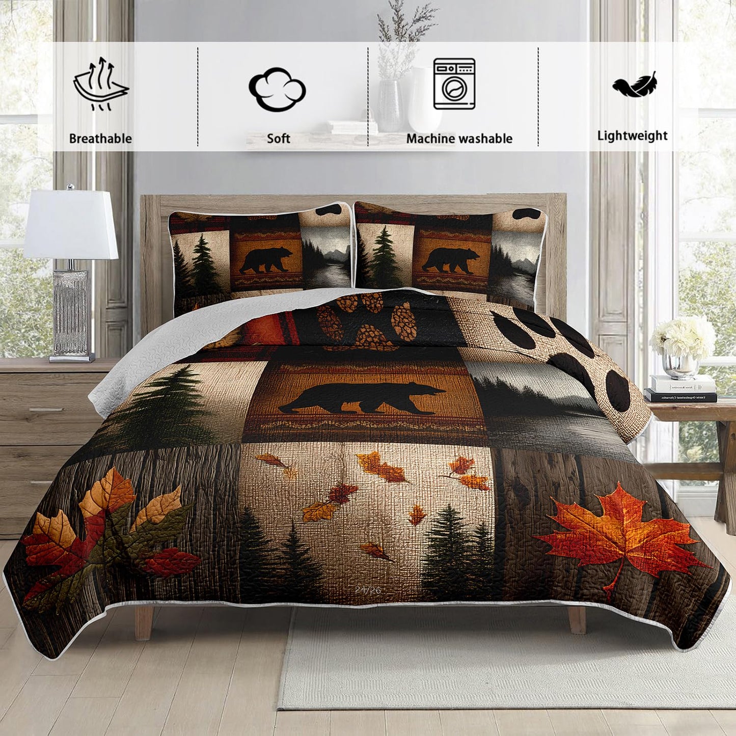 UEVBF Hunting Themed Quilt King Size,Lightweight Cabin Plaid Bedding Set with 2 Pillowcases,Forest Tree Brown Bear Paw Printed Bed Sets for Adults Room Decor.