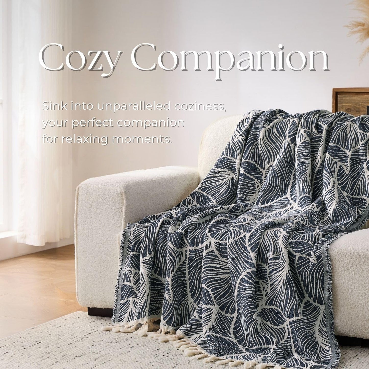 DOWN HOME Chenille Cotton Throw Blanket for Couch, Lightweight Boho Blanket for Bed Sofa Chair Living Room Outdoor Soft Woven Decorative Blanket with Tassel Gift Navy Leaves 55"x60"