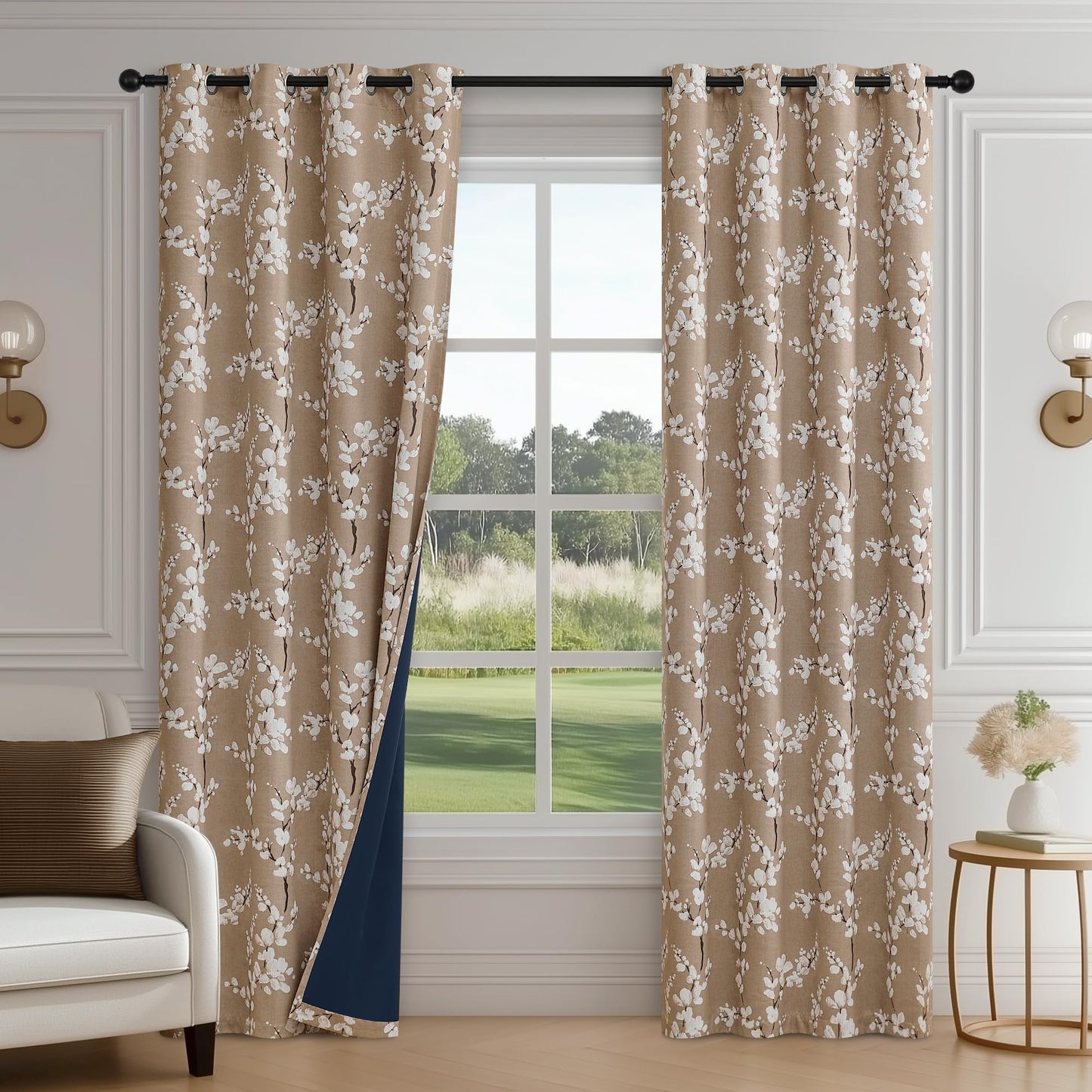 FMFUNCTEX 100% Blackout Floral Curtains for Bedroom, Taupe Curtains 84 inches Long Blossom Flower Patterned for Living Room, Thermal Insulated Farmhouse Drapes, Grommet Top 2 Panels (White on Brown)
