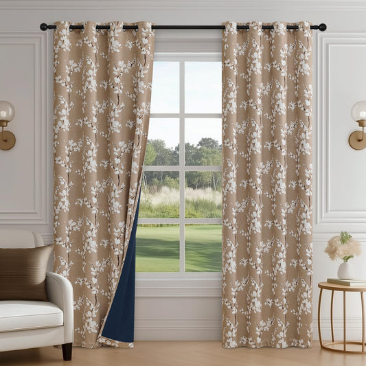FMFUNCTEX 100% Blackout Floral Curtains for Bedroom, Taupe Curtains 84 inches Long Blossom Flower Patterned for Living Room, Thermal Insulated Farmhouse Drapes, Grommet Top 2 Panels (White on Brown)