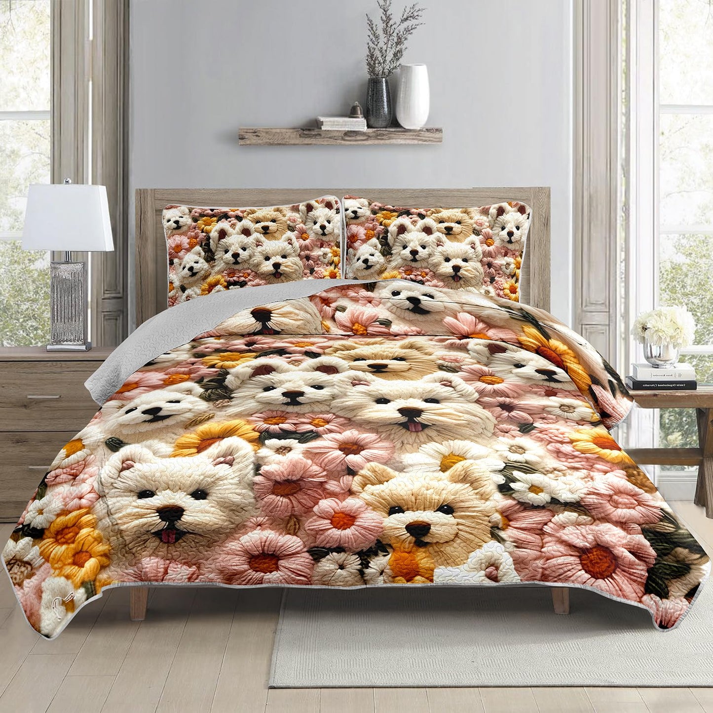 QOOMO Cartoon Dog Kids Quilt Set,3 Pieces Cute Flowers Bedspreads Coverlet Set Twin Size,Soft Microfiber Lightweight Bedding Set with 1 Quilt 2 Pillowcases for All Season