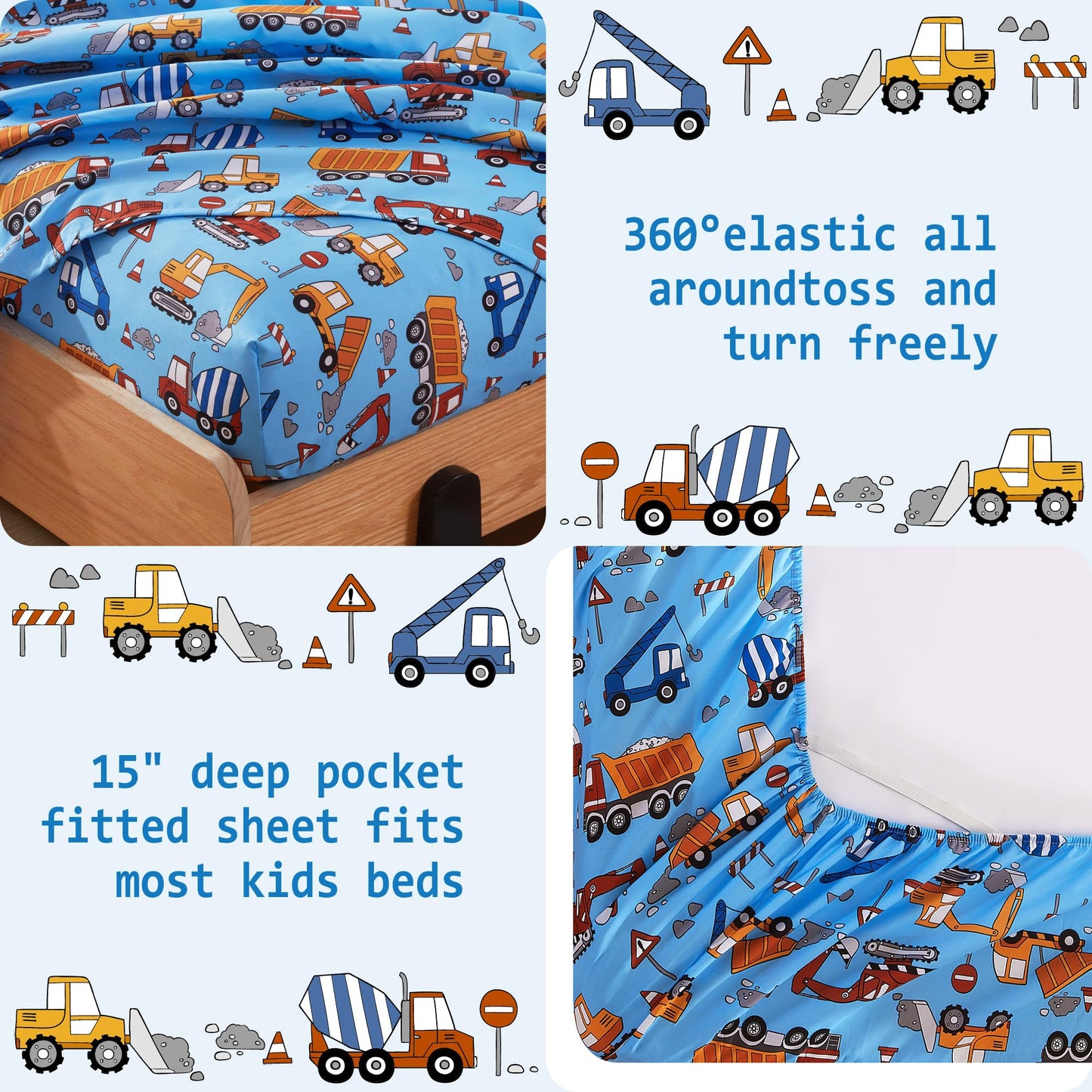 Softan Kids Bed Sheet Set, 3-Piece Twin Sheets Set, Microfiber Fitted Sheet with Corner Straps, Breathable & Silky Soft Blue Heavy Duty Vehicle Pattern Sheet and Pillowcase Sets