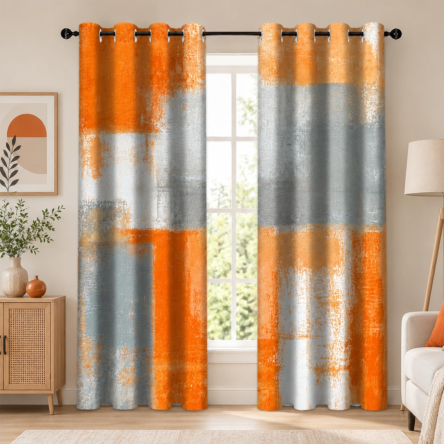 iTapnoom Abstract Orange Grey Blackout Curtains, Beige Aesthetic Art Painting Window Drapes Darkening Grommet Window Curtains for Living Room Bedroom Decor 2 Panels 52"x84" Inch