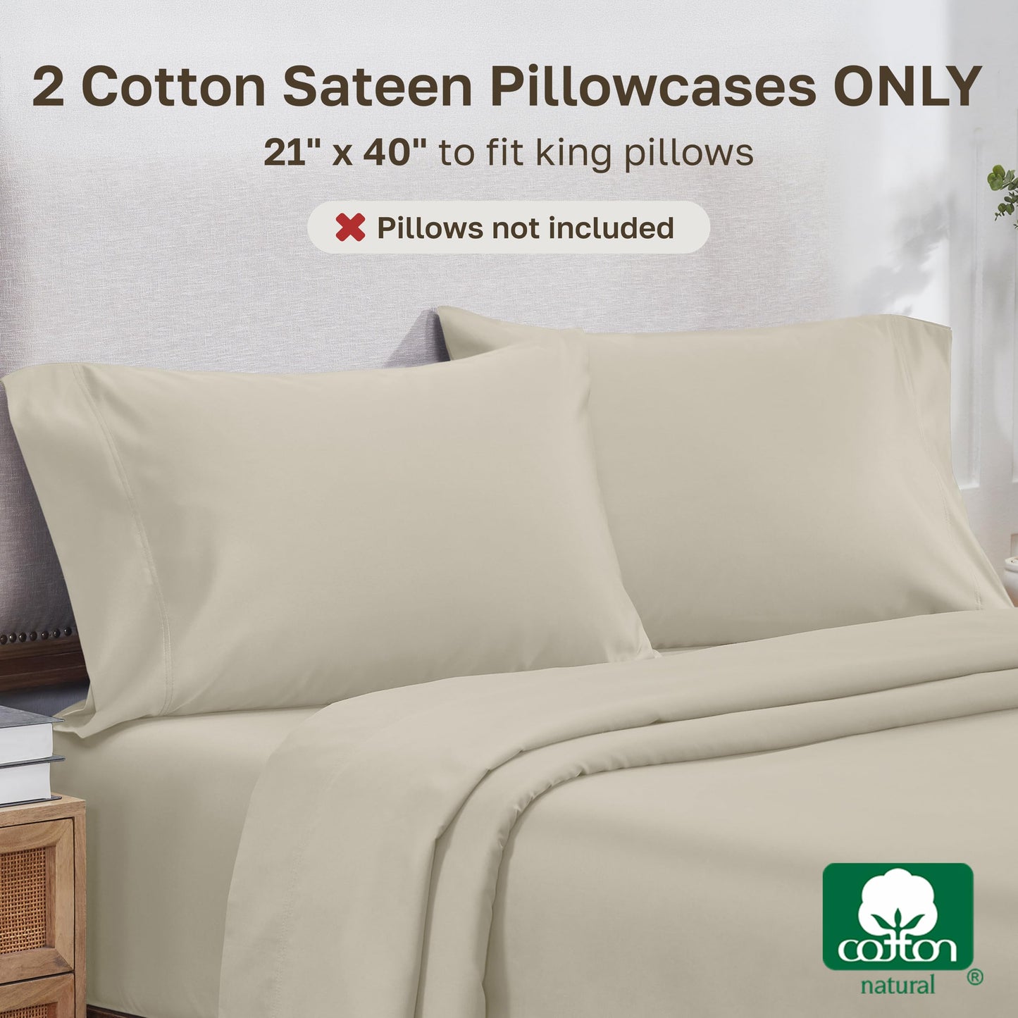 California Design Den 100% Cotton King Pillow Cases Set of 2, 800 Thread Count, Soft Pillow Cases Sateen, Fits King Size Pillows (Beige)