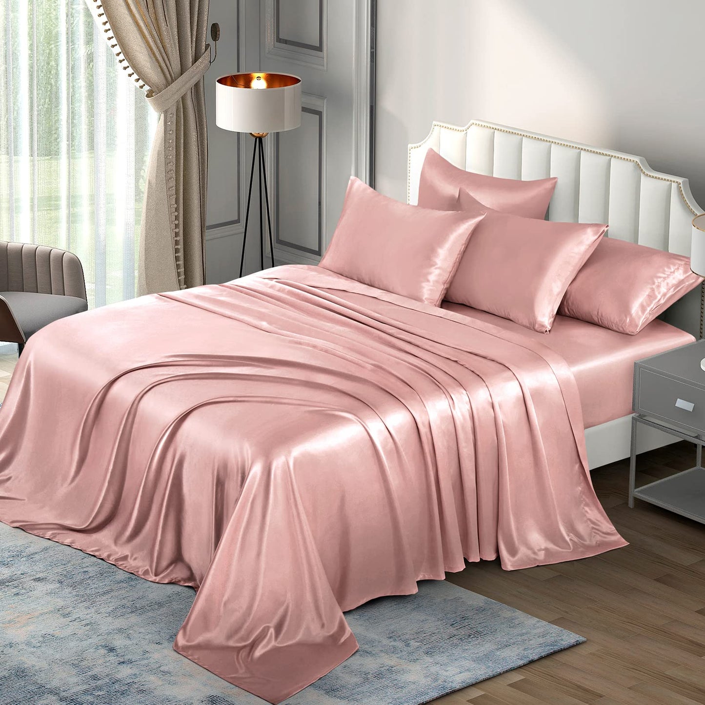 Pothuiny Satin Sheets King - Luxury Silky Satin Bed Sheets, Extra Soft Sheet Set (6 Pieces, Champagne) - 1 Fitted + 1 Flat + 4 Pillow Cases