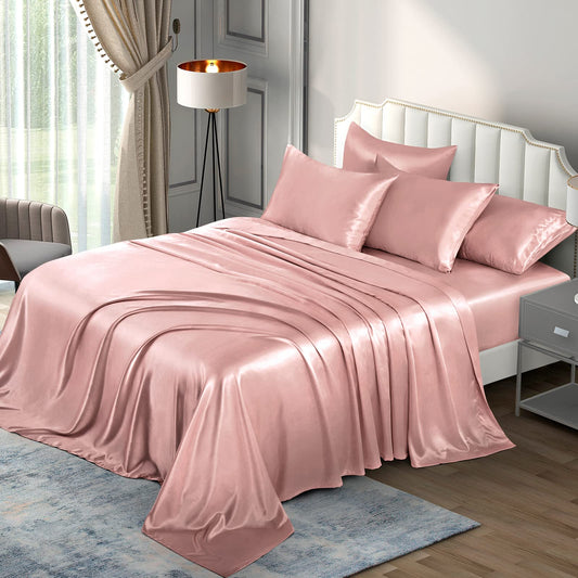 Pothuiny Satin Sheets King - Luxury Silky Satin Bed Sheets, Extra Soft Sheet Set (6 Pieces, Champagne) - 1 Fitted + 1 Flat + 4 Pillow Cases