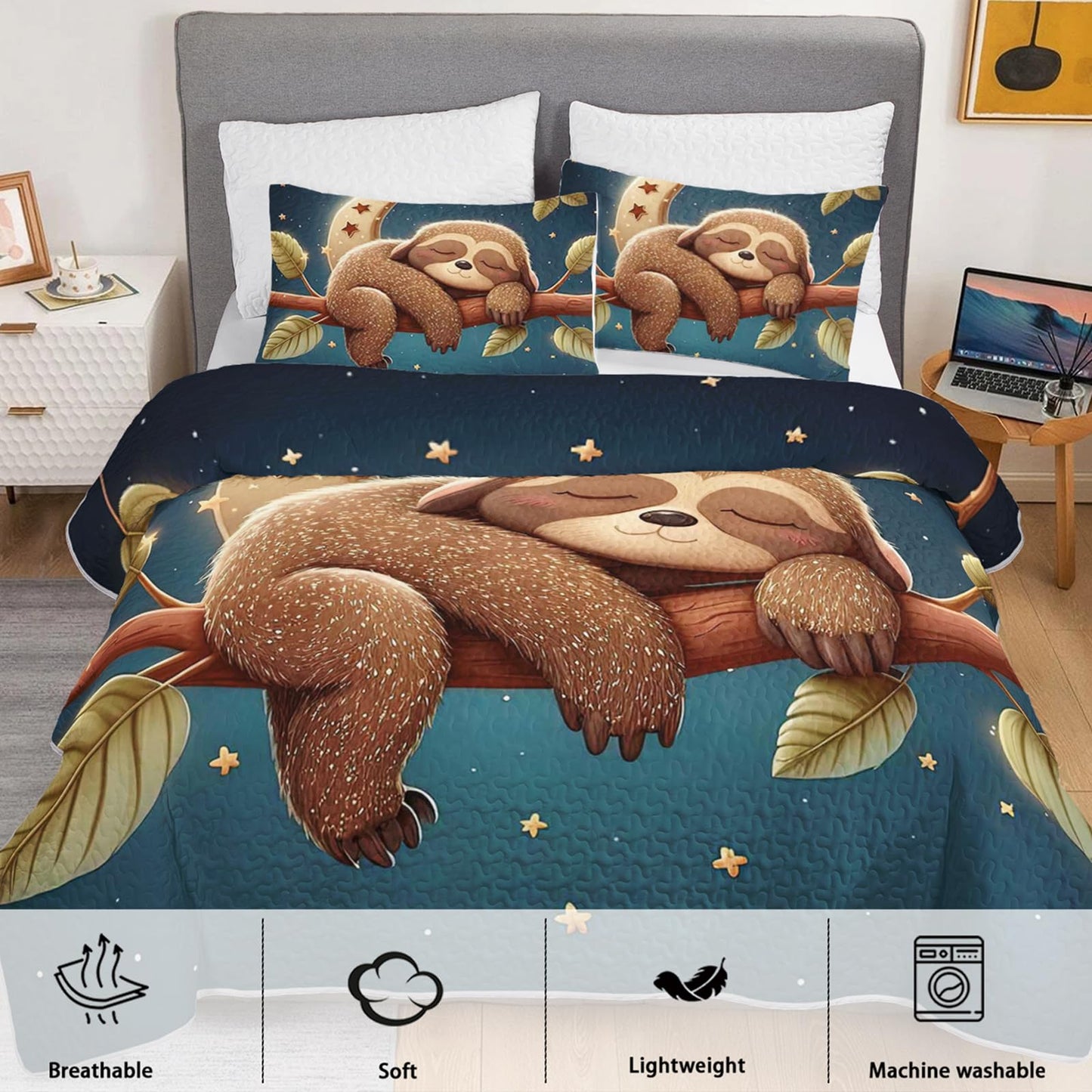 XYNHML Kawaii Brown Sloth Quilts Bedding Set Twin 3Pcs Galaxy Moon Universe Outer Space Star Quilt Bed Set Lightweight Soft Bedspread Coverlet with 2 Pillowcases for Kid Boy Girl Teen Adult Bed Decor
