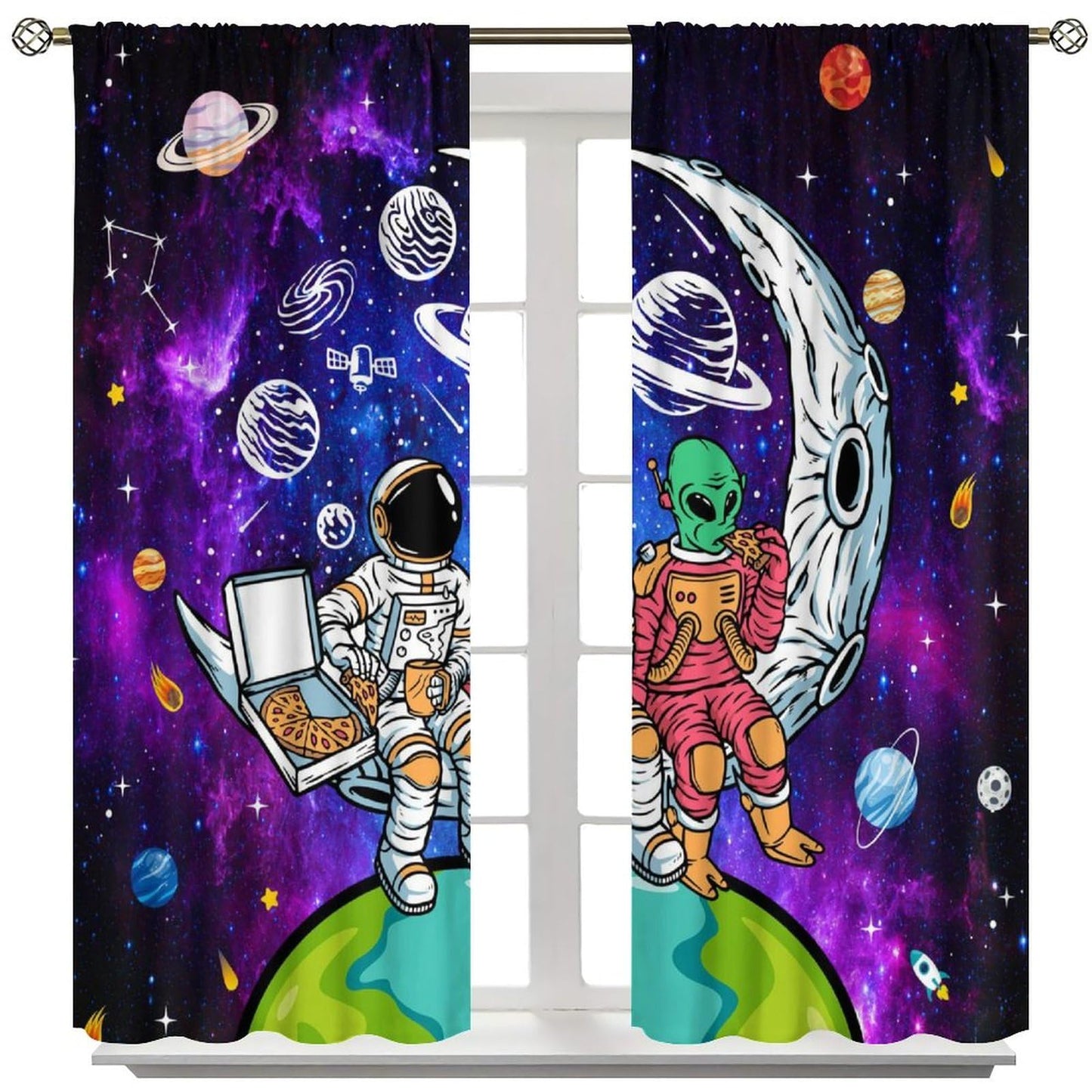 AAVEUP Universe Astronaut Blackout Curtains for Kids,Galaxy Space Planet Astronaut Alien Purple Outer Space Nebula Funny Meteor Earth Window Treatments for Boys Nursery Bedroom Living Room 63x72inch