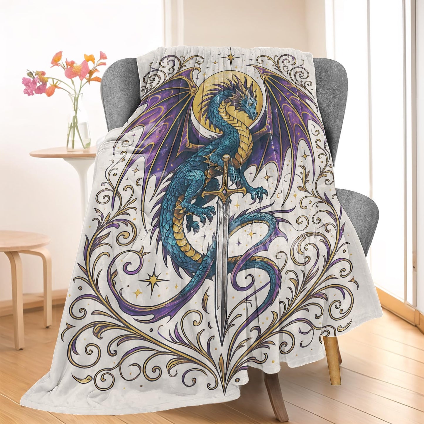 Wanoryer Fantasy Dragon Blanket, Comfy Warm Flannel Majestic Blue and Purple Dragon Throw Blanket for Couch, Gifts for Men Teens Kids Boys, Soft Fuzzy Lightweight Travel Bed Blankets for Decor 50"×60"