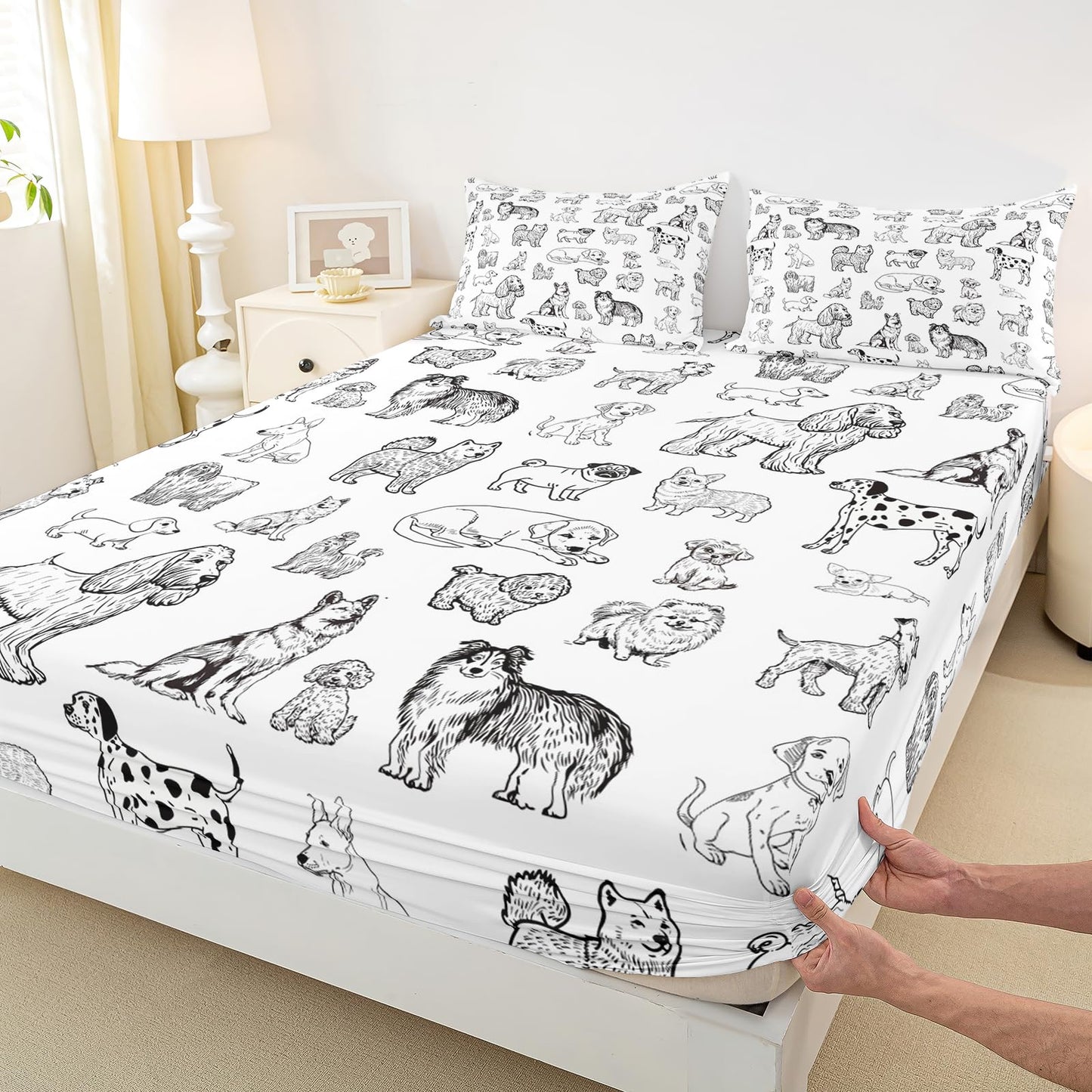 Cartoon Dog Fitted Sheet Full Size Black White Dog Puppy Sketch Bedding Set 3Pcs for Kids Girls Boys Adult Room Decor Cute Pet Animals Bed Sheet Soft Lightweight Deep Pocket Sheet,2 Pillowcase