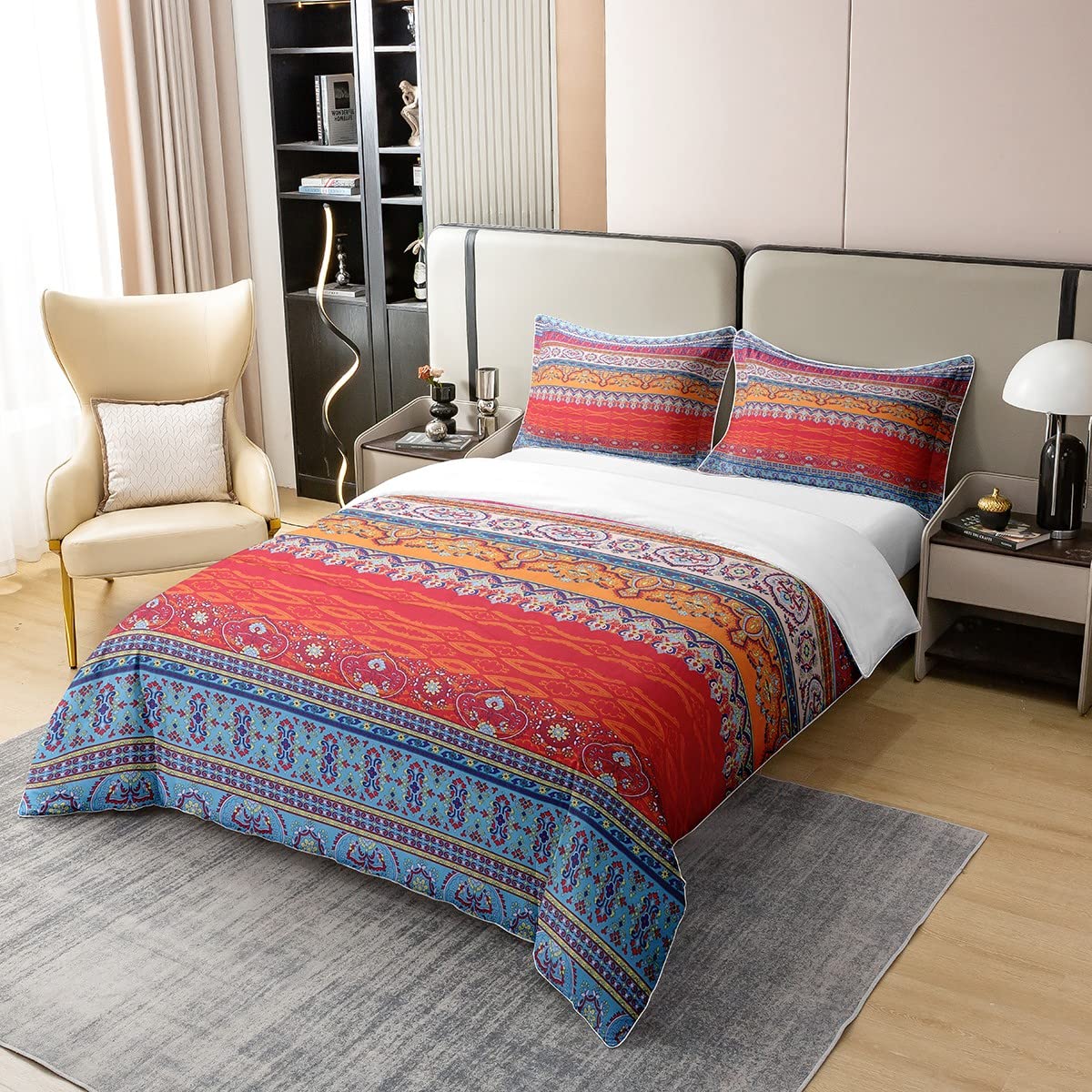 100% Cotton Bohemian Duvet Cover Set Queen Colorful Floral Boho Striped Bedding Set Ultra Soft Microfiber Double Duvet Cover Southwestern Indian Tribal Reversible Bedding Exotic Boho Comforter Cover