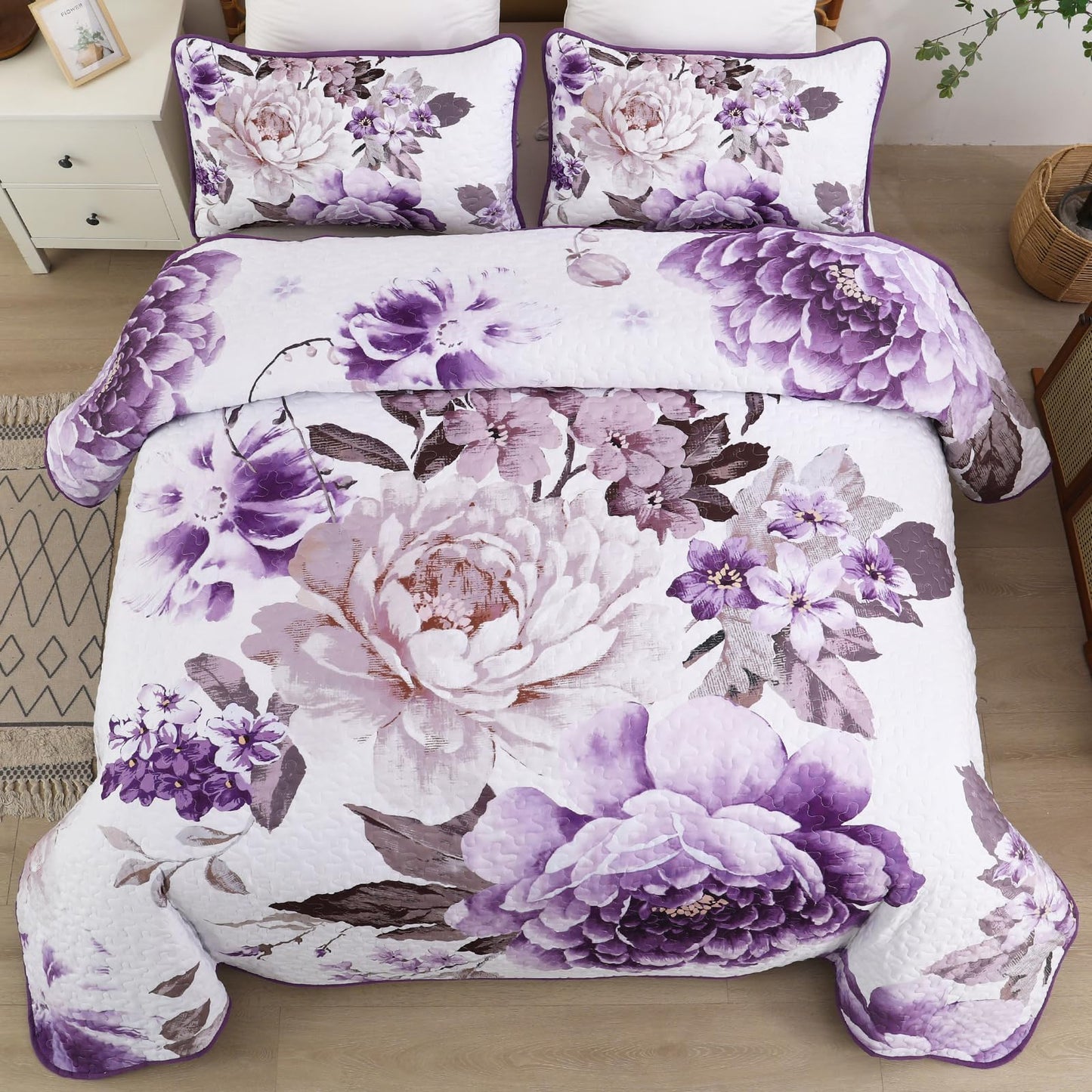 WONGS BEDDING Floral Quilt Set Purple Queen,Quilted Printed Lightweight Bedspread Bedding Set for All Season,3 Pieces Reversible Botanical Plant Coverlet Set with 2 Pillow Shams