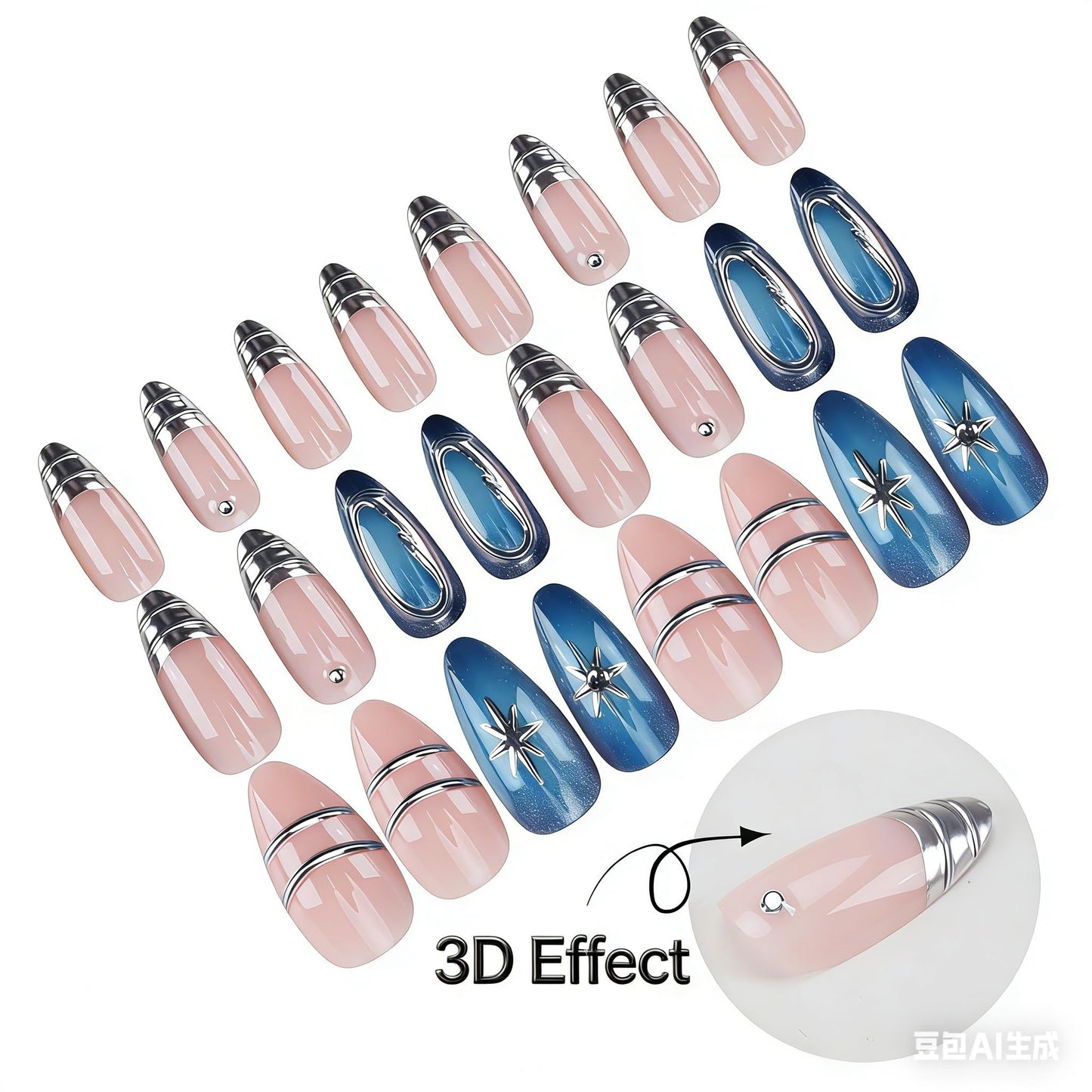 RUOKEXIN Almond Press on Nails French Tip Fake Nails Medium False Nails with 3D Designs Silver Nail Press ons Sparkly Artificial Nails for Women 24Pcs