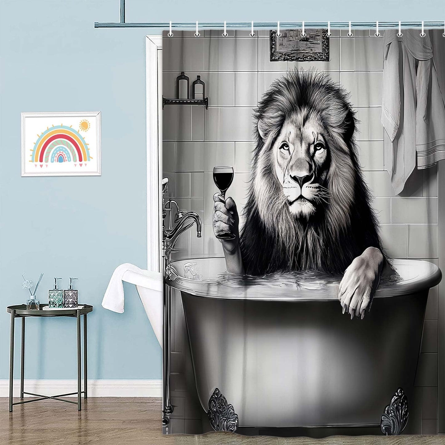 Grtuspr Funny Lion Shower Curtain, Black White Wildlife Animal Boys Men Gray Shower Curtains, Fun Lion Modern Bath Decoration Waterproof Polyester Fabric Shower Curtain Sets with 12 Hooks