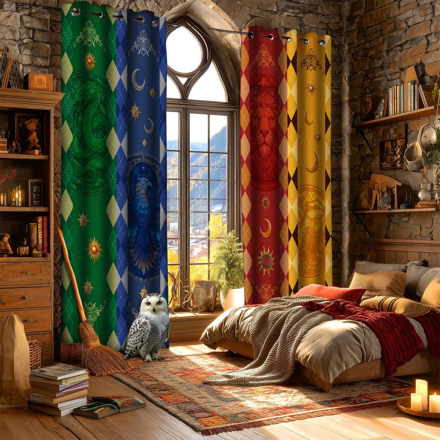 HIYSMT Enchanted Academy Blackout Curtains,Mythical Animal Emblem School House Privacy Drapes,4284inch Magic Flag Window Treatments for Bedroom Living Room,2Panel HILC04