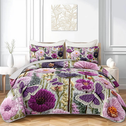 XYNHML Colorful Butterfly Flower Quilts Bedding Full 3Pcs Purple Floral Quilt Bed Set Botanical Aesthetics Lightweight Soft Bedspread Coverlet with 2 Pillowcases for Kid Boy Girl Teen Adult Bed Decor