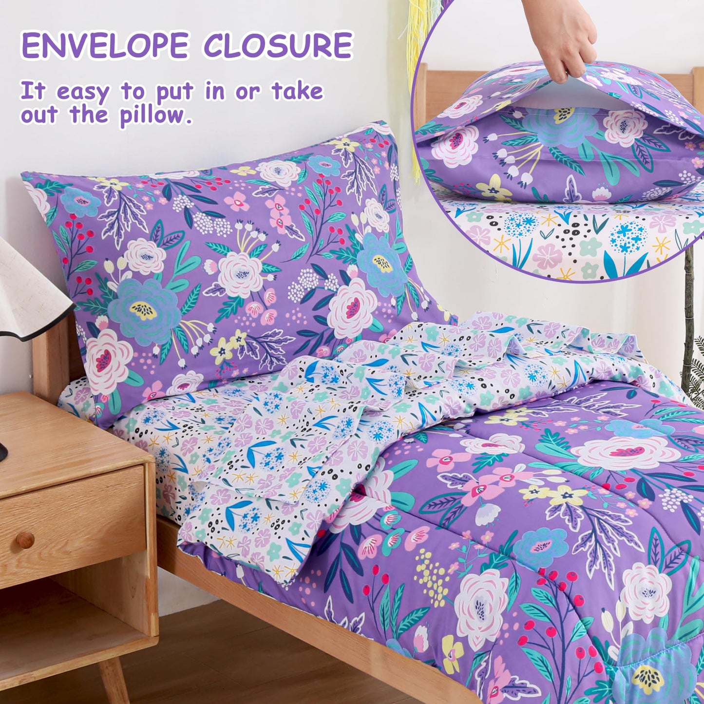 Mooreeke 4 Pieces Toddler Bedding Set - Purple Floral Toddler Comforter Sets for Girls, Includes Comforter, Flat Sheet, Fitted Sheet and Pillowcase, Bed in A Bag for Baby Bedroom