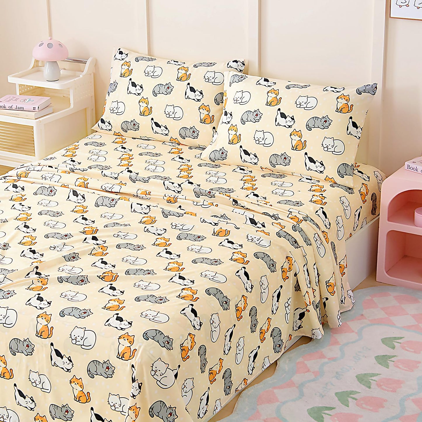 MICORAL Kids Twin Sheet Set, 3 Pieces Sheets for Boys & Girls, Soft Printed Microfiber Bed Sheets, Deep Pocket Cozy Toddler Bedding Set, Beige Cats
