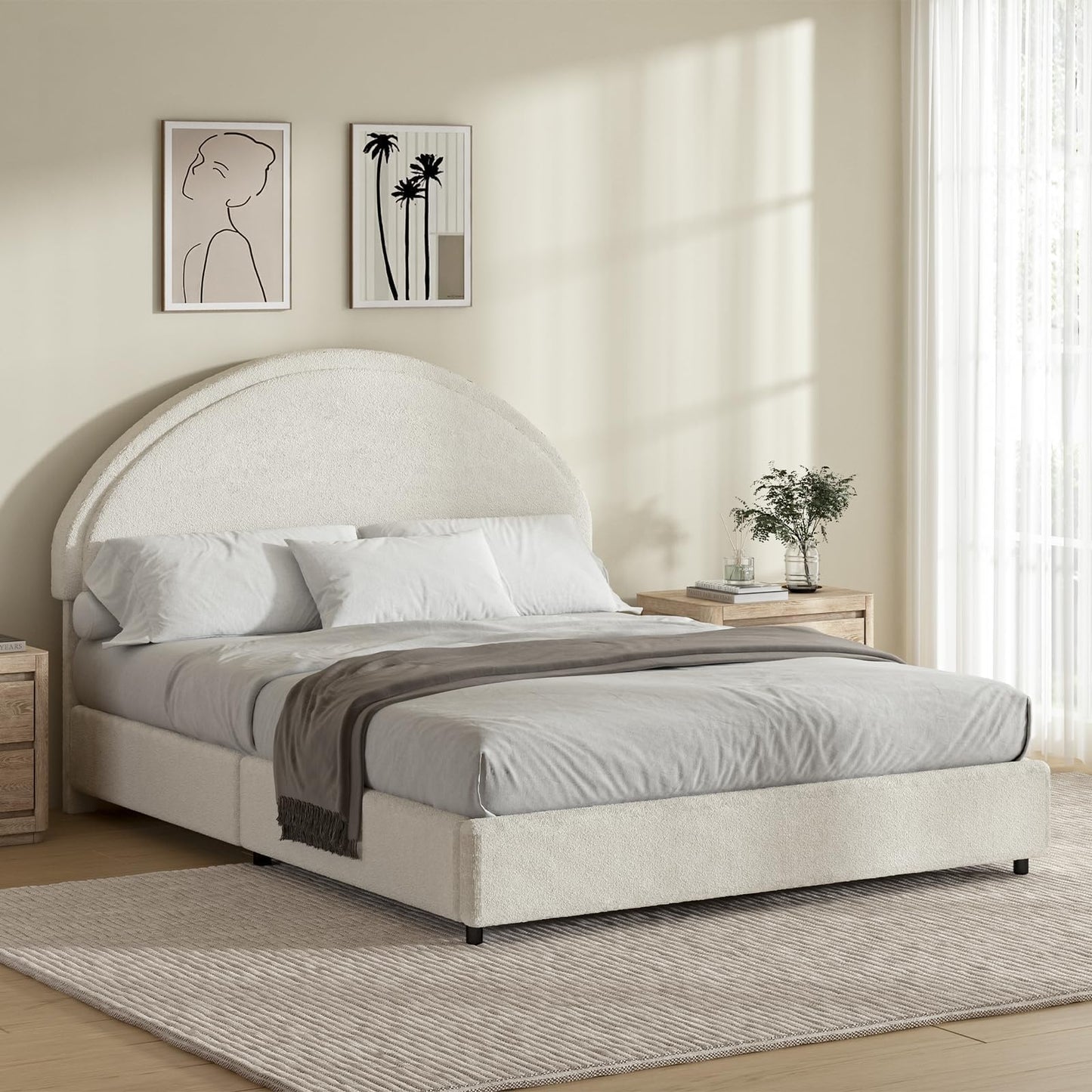 REVOMINCA Full Size Bed Frame with Round Headboard, Upholstered Platform Bed Frame, Boucle Soft Bed Frame, Modern Style, No Box Spring Required, Easy Assembly, White
