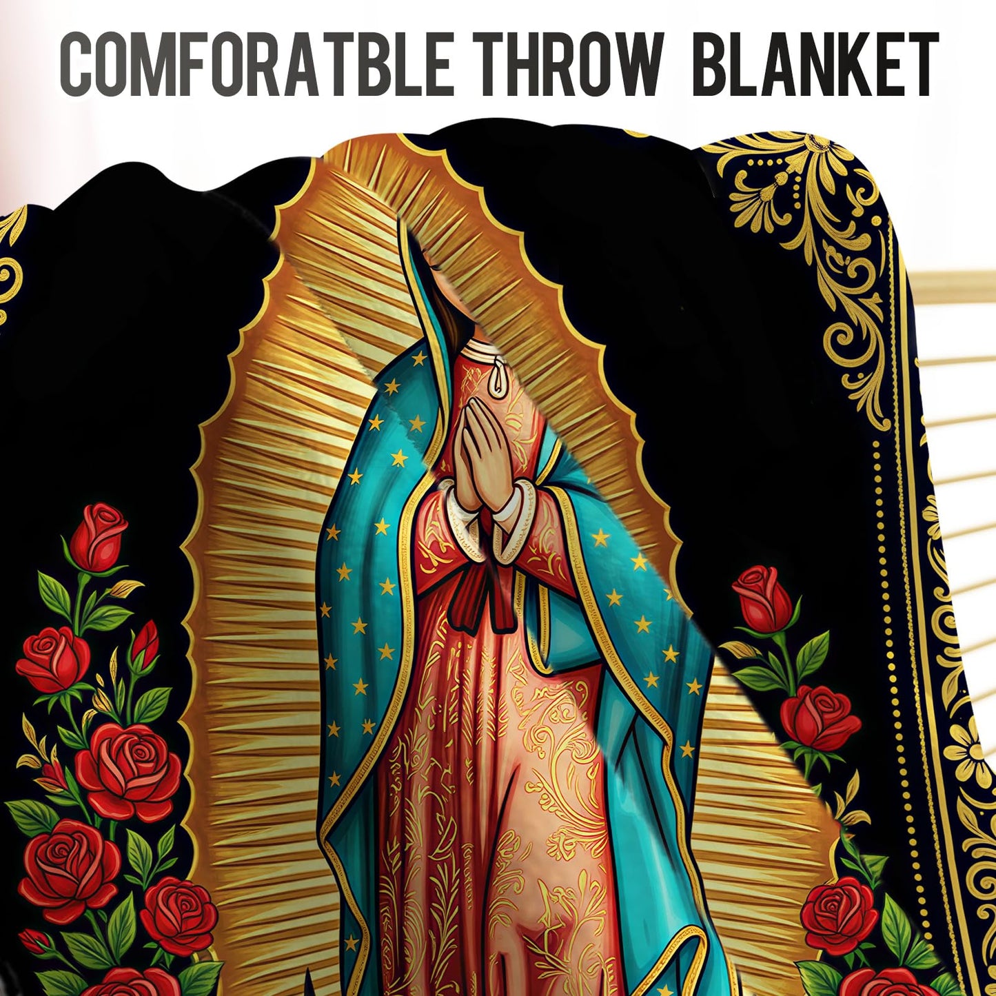 Levens Christian Throw Blanket - Lightweight Soft Cozy Flannel Lap Blanket for Napping- Unique Religious Decor for Couch Sofa Bed 50"x60" - Virgin Mary Virgen de Guadalupe Theme Gifts