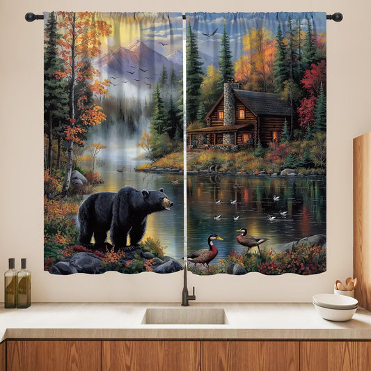 LOMADIA Rustic Bear Blackout Curtains, Retro Forest Animal Lake Wildlife Pattern Drapes, Country Cabin Farmhouse Window Treatments Curtain for Kitchen Bedroom Living Room Home Decor 42" W x 45" L