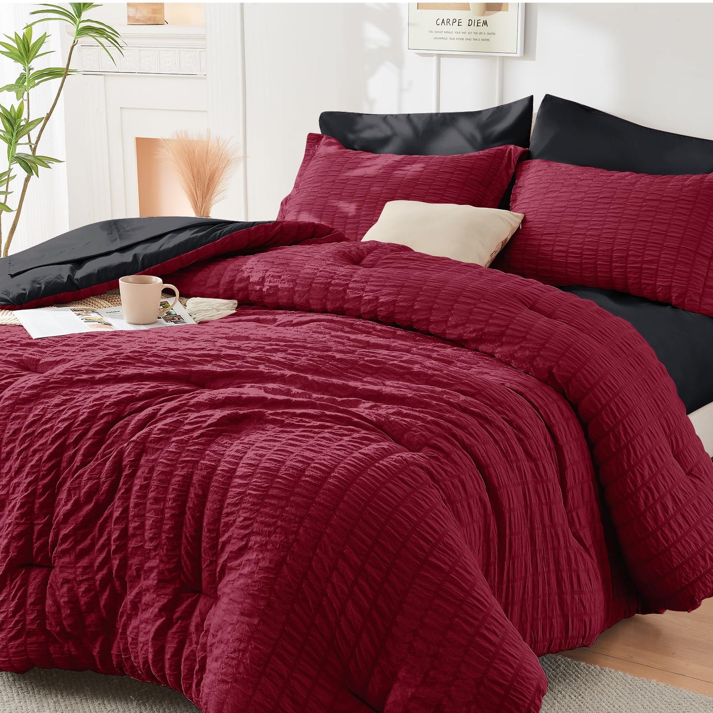 HYMOKEGE Red/Black Oversized Queen Comforter Set Seersucker 7 Pieces, All Season Luxury Bed in a Bag for Bedroom, Bedding Set with Comforter, Sheets, Pillowcases & Shams