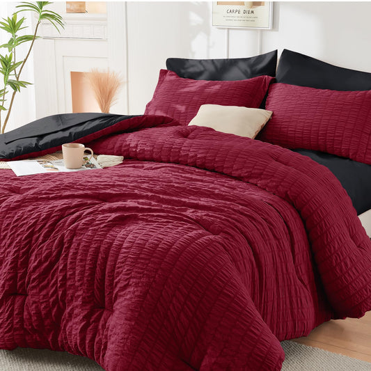 HYMOKEGE Red/Black Oversized Queen Comforter Set Seersucker 7 Pieces, All Season Luxury Bed in a Bag for Bedroom, Bedding Set with Comforter, Sheets, Pillowcases & Shams