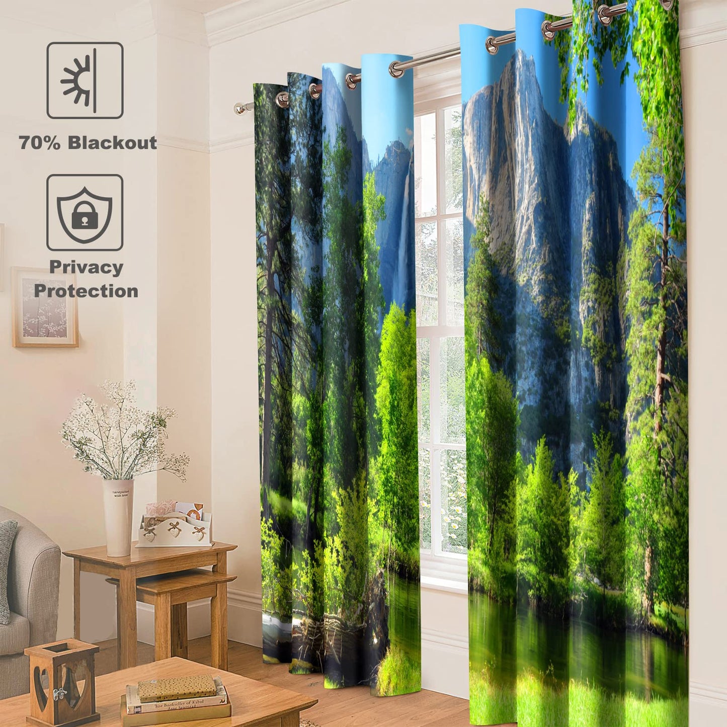 Jekeno Mountains Forest Blackout Curtains Jungle Green Trees River Lake in Bright Sunshine Nature Scenery Decor Bedroom Living Room Darkening Grommet Window Drapes 2 Panel Set, 52"x84"