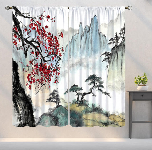 YSWOW Japanese Curtains, Retro Watercolor Cherry Blossom Nature Landscape Art Printed Window Drapes for Bedroom Living Room Kitchen Decor Fabric 2 Panel 42x45 Inch 30% Shading Rate