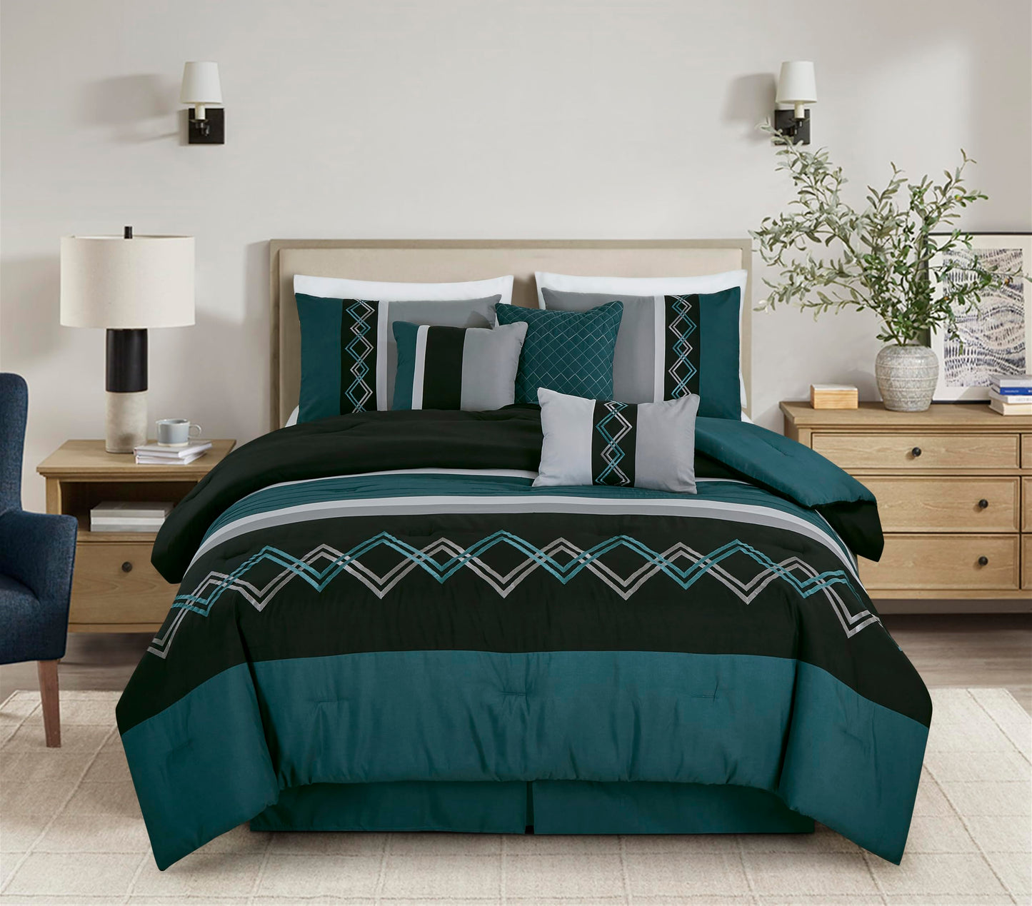 Chezmoi Collection Arden 7-Piece Modern Pleated Stripe Embroidered Zigzag Bedding Comforter Set (Queen, Teal/Black/Gray)
