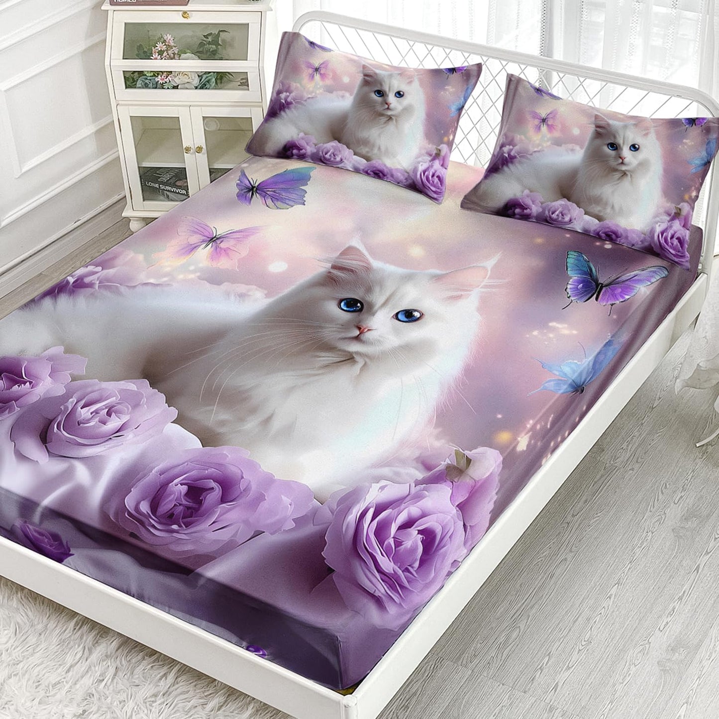AILONEN Girls Cat Kitten Fitted Sheet Set Full Size,Purple Rose Butterfly Cat Princess Kids Bedding Set,White Cat Fitted Sheet with 2 Pillowcases,Beautiful Cat Bed Sheet Set 3 Pieces