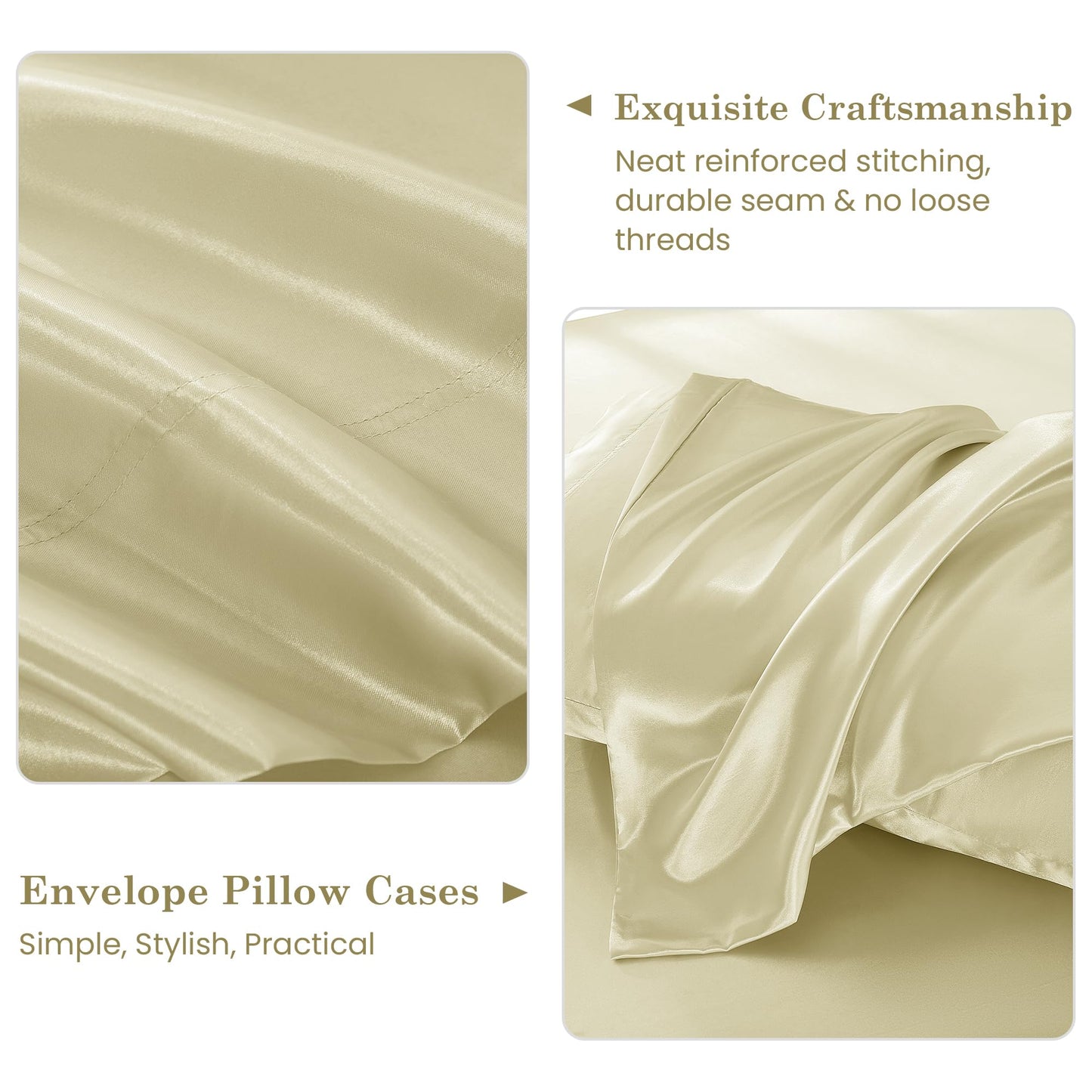 lasoftan Silk Satin King Sheets Set, Silky Fitted Bed Sheets with 15" Deep Pocket & Non-Slip Corner Straps, Luxury Hotel Satin Sheets King Size, Champagne Summer Cooling Sheets & Pillowcase Set