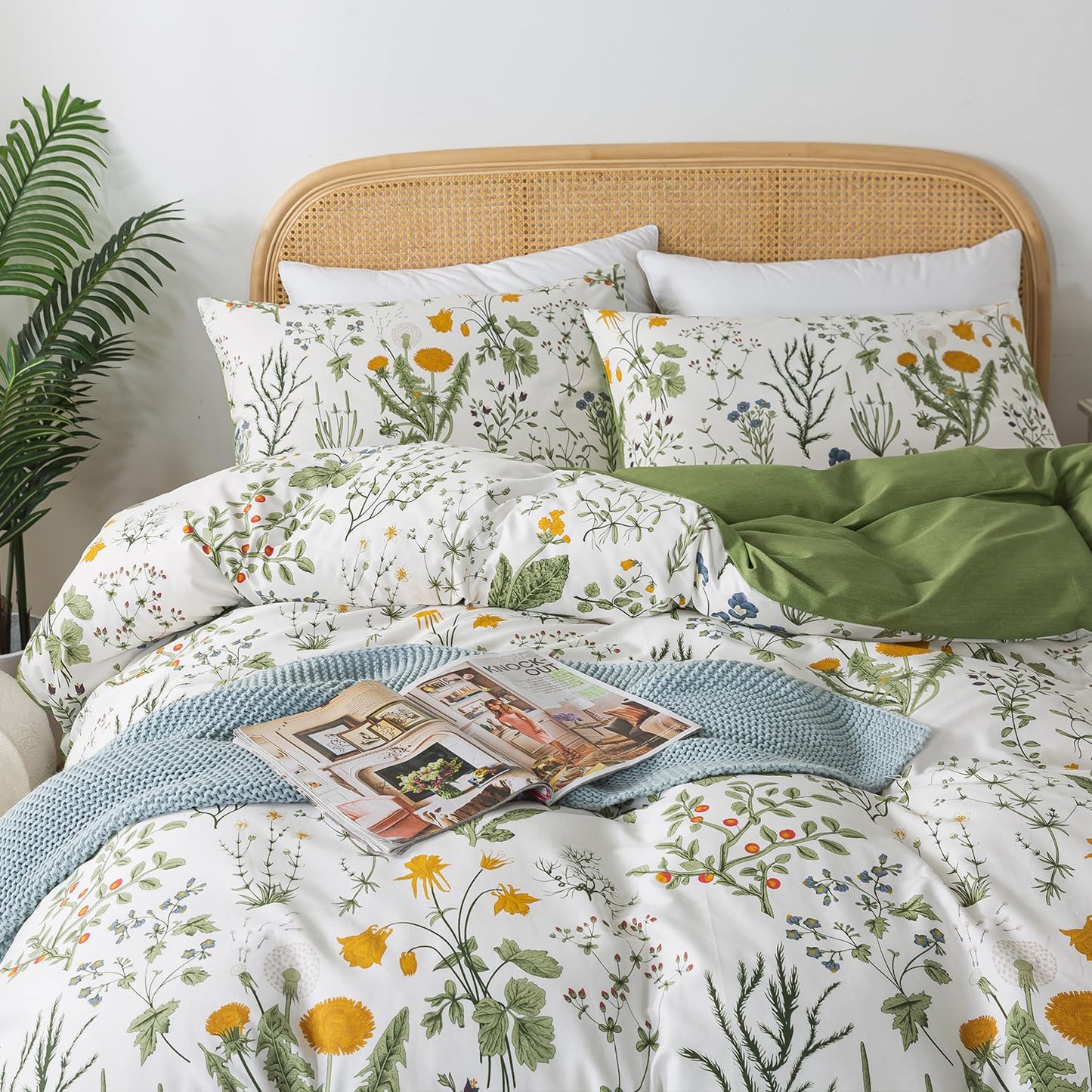 Zusbest Floral Duvet Cover King 100% Percale Cotton Botanical Garden Flower Printed Bedding Reversible Green Yellow Leaves Pattern Comforter Covers French Country Bedding Soft 3Pcs-Not Comforter