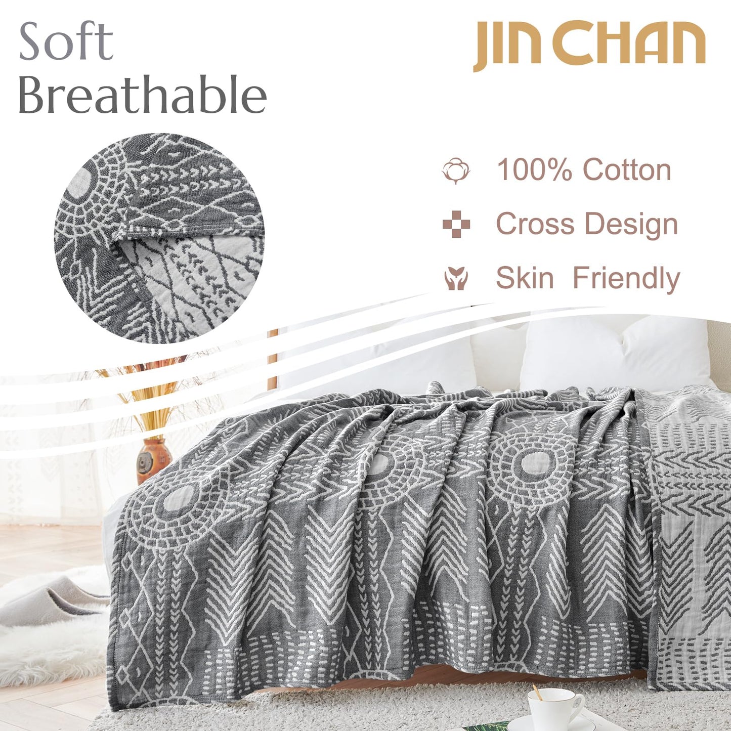 JINCHAN Boho 100% Cotton Muslin Blanket 3-Layer Twin Size Geometric Lightweight Reversible Soft Cozy Throw for Couch Sofa Bed All Season Coverlet Ideal Gift Bedroom Living Room Decor Grey 60x80 Inches