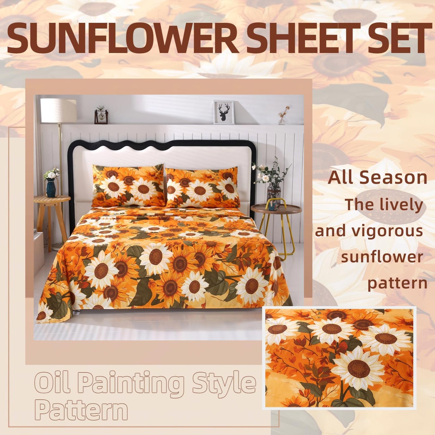 MAG 4Pcs Floral Queen Size Bed Sheets,Floral Microfiber Bedding Sheet Sets,Boho Yellow Sunflowers Pattern,included 1 Fitted Sheet 14''Deep Pocket + 1 Flat Sheet + 2 Pillowcases,Breathable and Wrinkle.