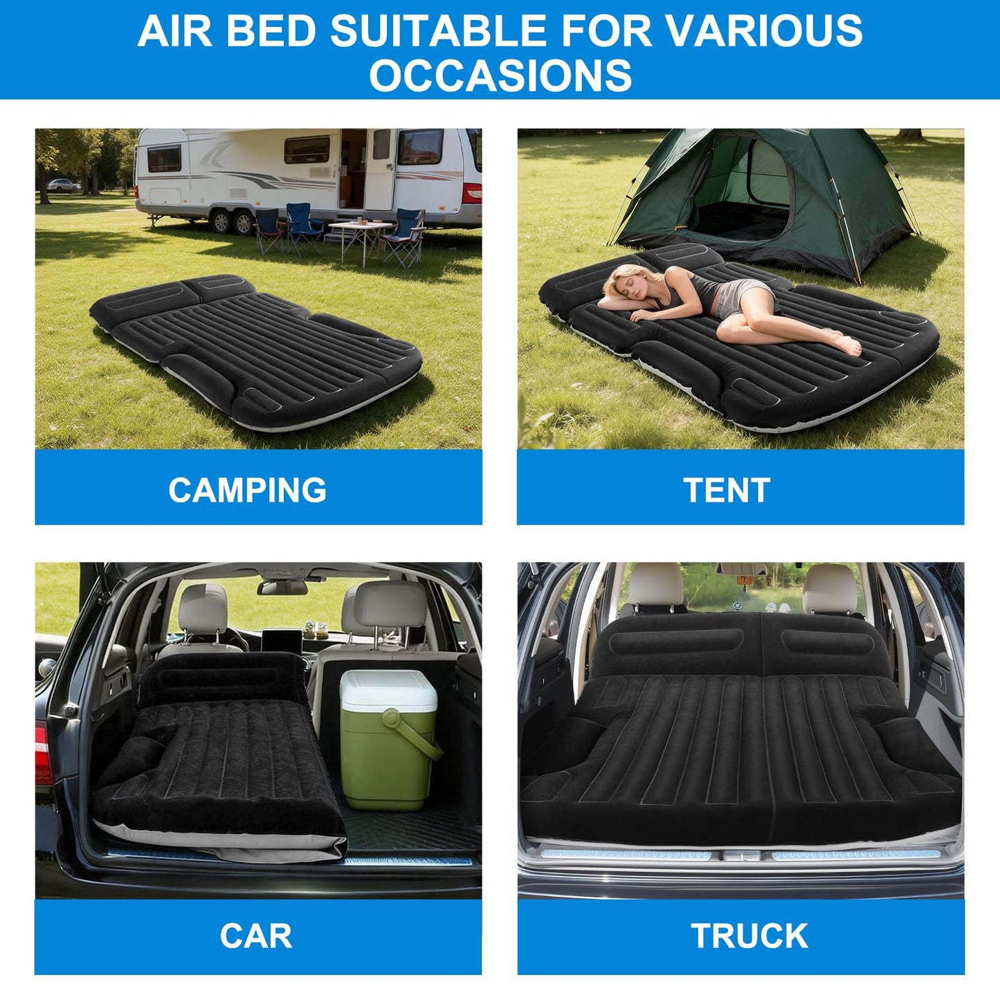 KMZ SUV Air Mattress with Electric Pump, Thick Double-Sided Flocked Camping Bed, Includes 2 Pillows & 2 Window Screens, Inflatable Travel Mattress for SUV Trunk and Rear Seat – Black