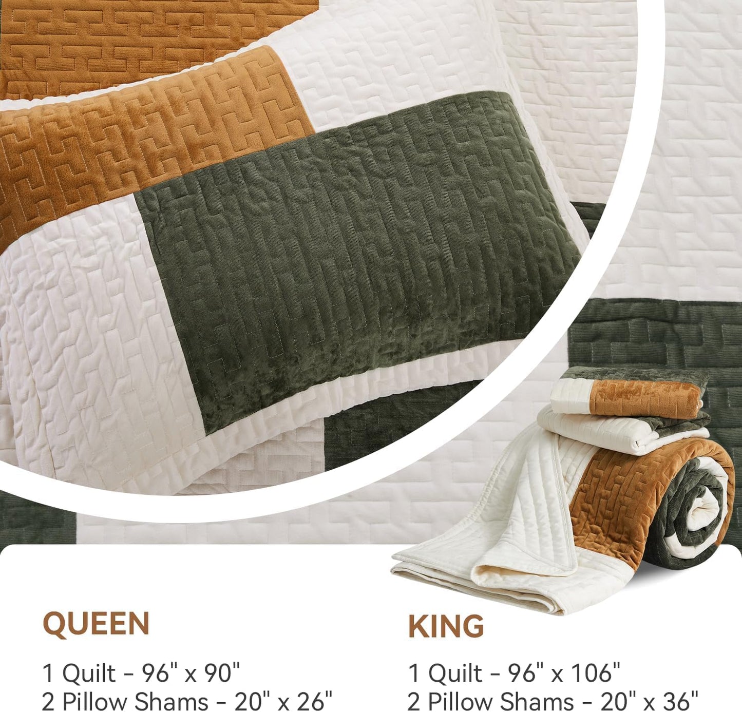 Grassix Velvet Quilt Set Queen Size, 3 Pieces Patchwork Bedspread Coverlet with 2 Pillow Shams for All Seasons, Lightweight Comforter Bedding Set, Green Caramel, 90"x96"