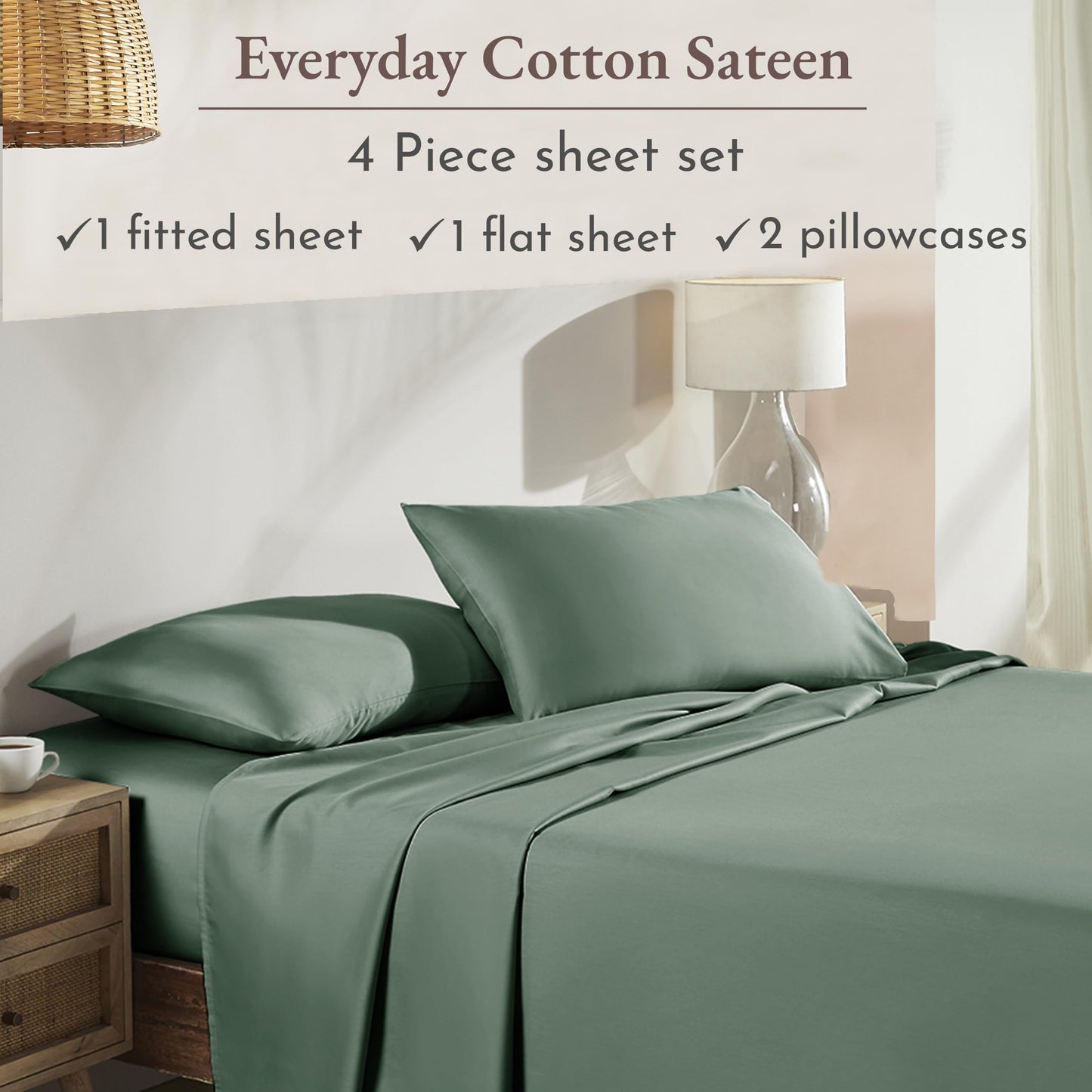 California Design Den Queen Sheet Set - Natural 100% Cotton Bed Sheets Queen Size Bed Set with Deep Pockets, Soft Sateen Weave, Breathable and Durable Bedding Pine Green
