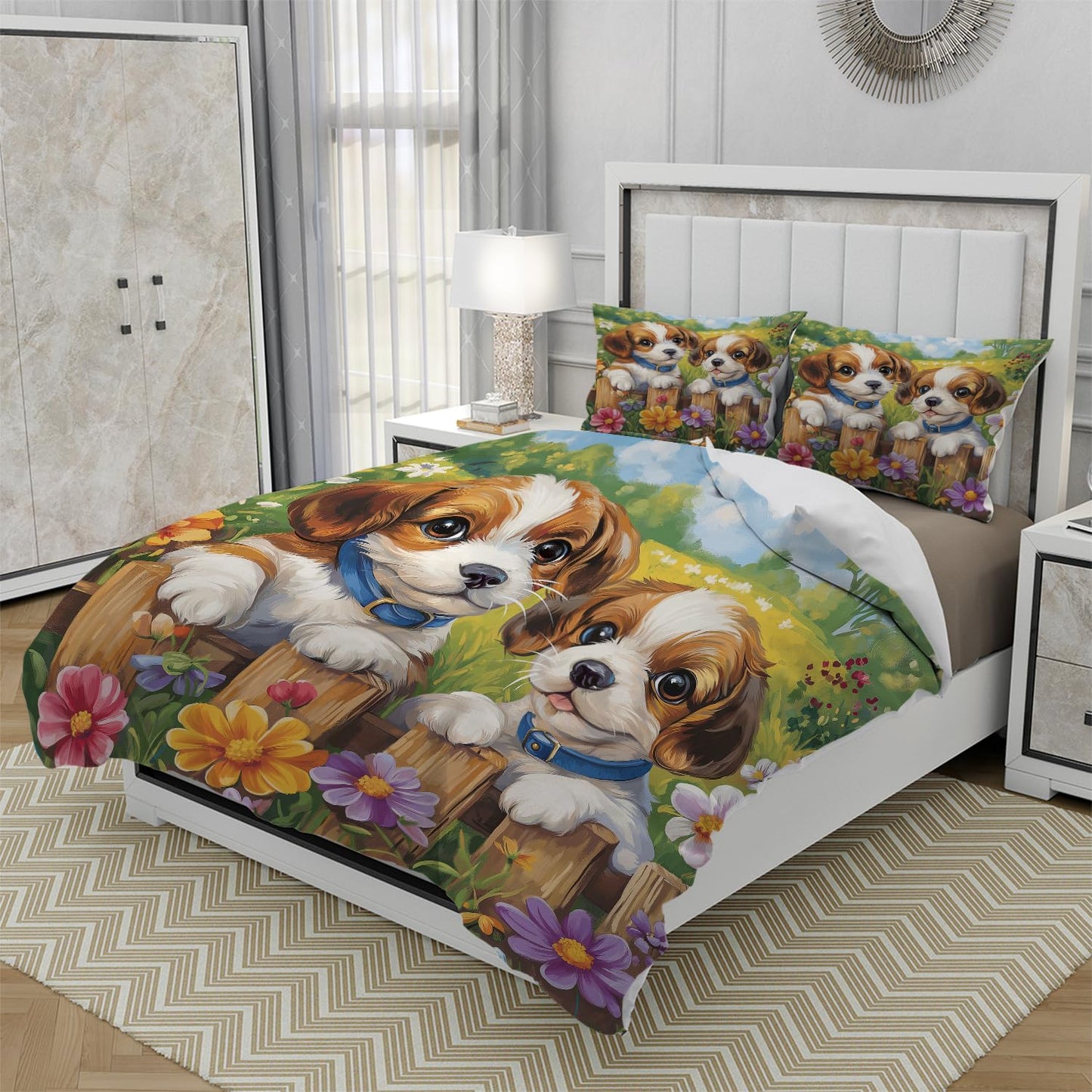 RICQLESC Cute Dog Duvet Cover and 2 Pillow, Cartoon Pet Pug Dog Bulldog Rustic Farmhouse Floral Animal Puppy Comforter Set, Kids Boys Girls Bedding 3 Pieces, King Size 104x90 inch