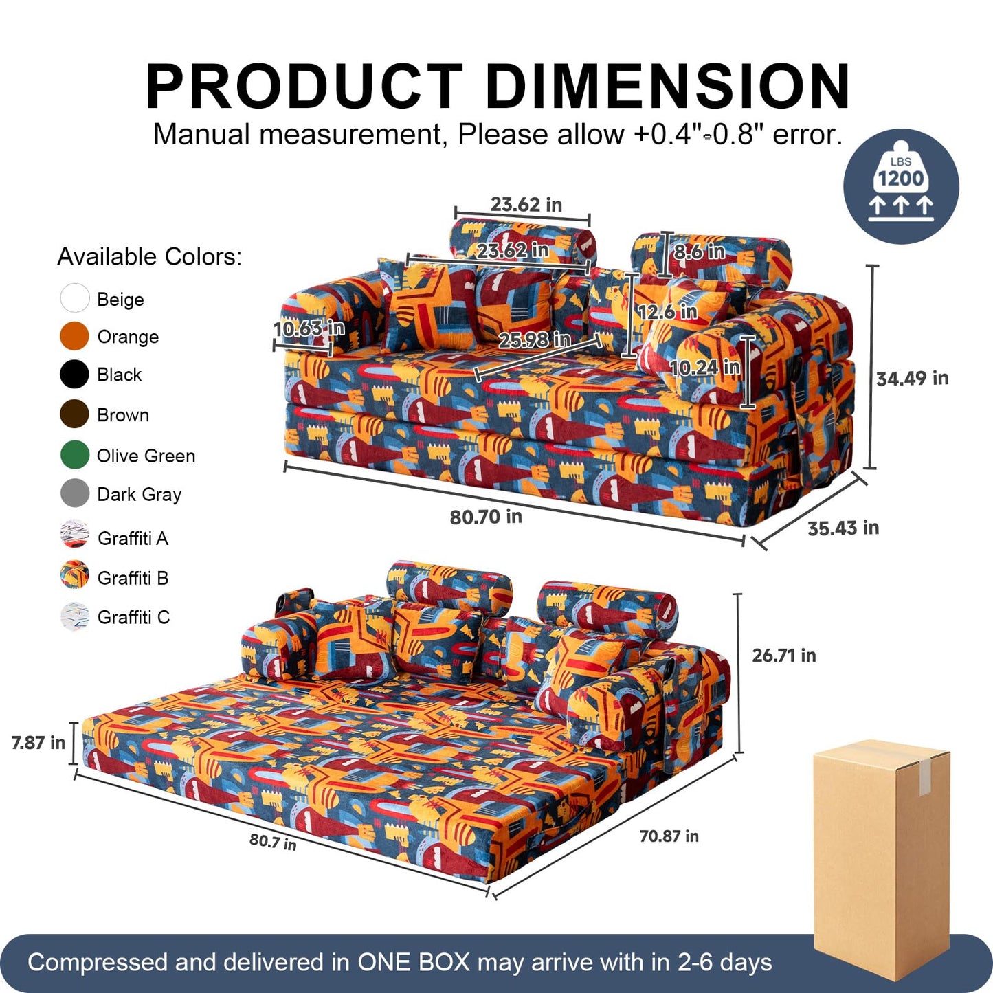 COOSYCO 79" Convertible Sofa Bed, 5-in-1 Corduroy Floor Couch, Boneless Couch with Ergonomic High Back Support & Side Storage Pocket, No Assembly for Bedroom Living Room (Graffiti B)