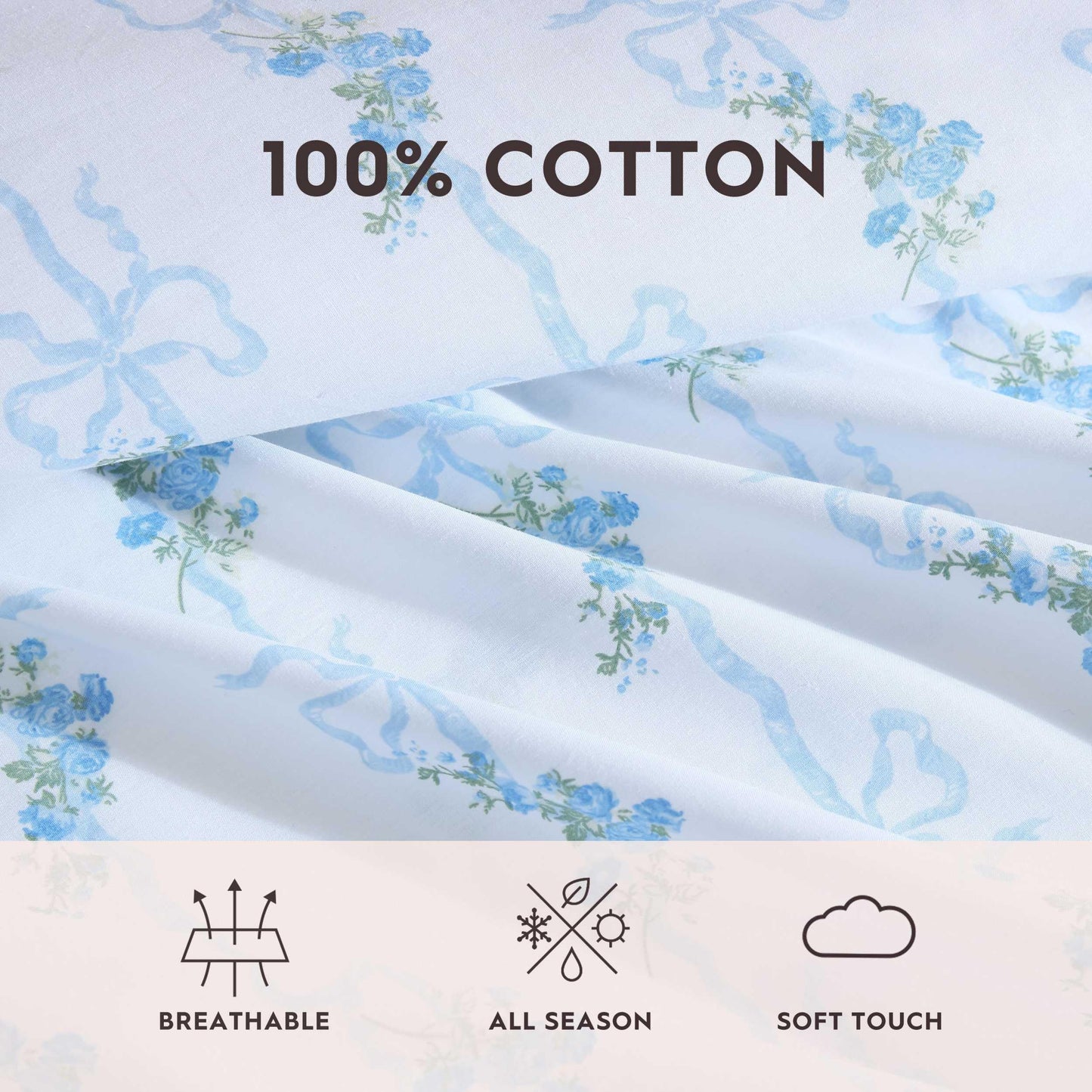 Laura Ashley – Twin Size Sheet Set, Crisp & Lightweight Cotton Percale Bedding with Fitted Sheet and Pillowcase, Floral Room Decor, Deep Pocket, College Dorm Room Essentials (Floral Ribbon Blue)