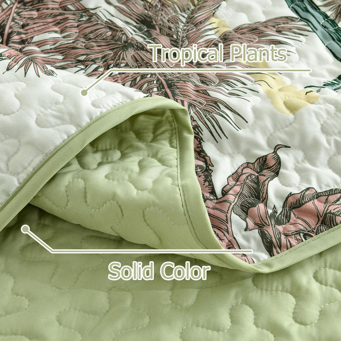 Luxudecor Tropical Plants Quilt Set King Size 3 Pieces Green and Brown Palm Botanical Bedspread Rainforest Style Bedding Set Soft Lightweight Bed Cover All Season 104"x90"