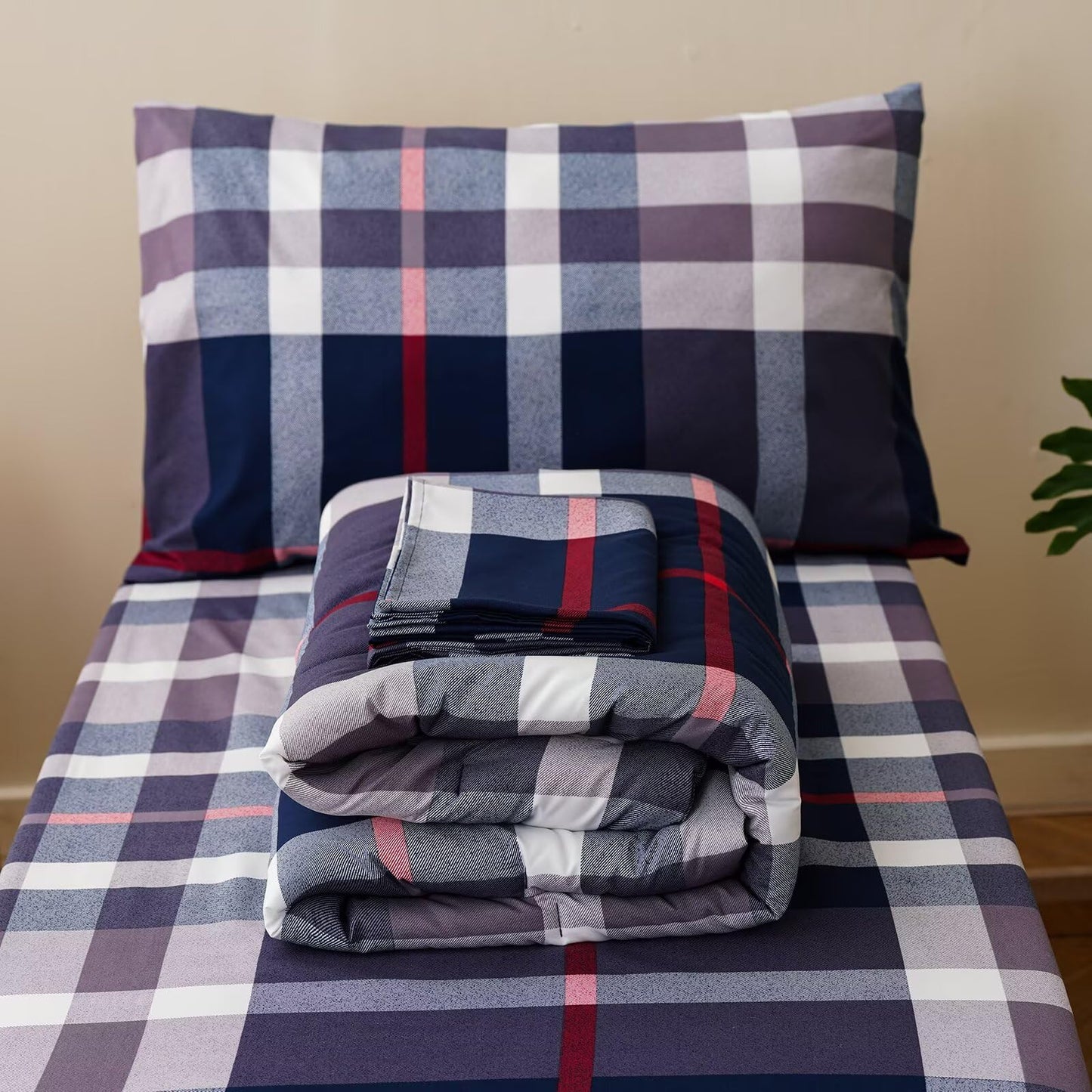 CLOTHKNOW 4Pieces Blue Plaid Toddler Bedding Sets for Boys Girls Tartan Grid Comforter Sets, Tartan Check Bedding, Soft Crib Bed Sets