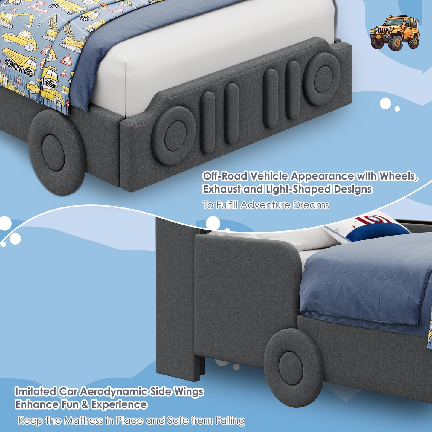 Keyluv Twin Car Bed Frame with LED Lights and Charging Station, Upholstered Platform Bed with Button Tufted Headboard and Wheels, No Box Spring Needed, Noise-Free, Easy Assembly, Fabric, Dark Grey