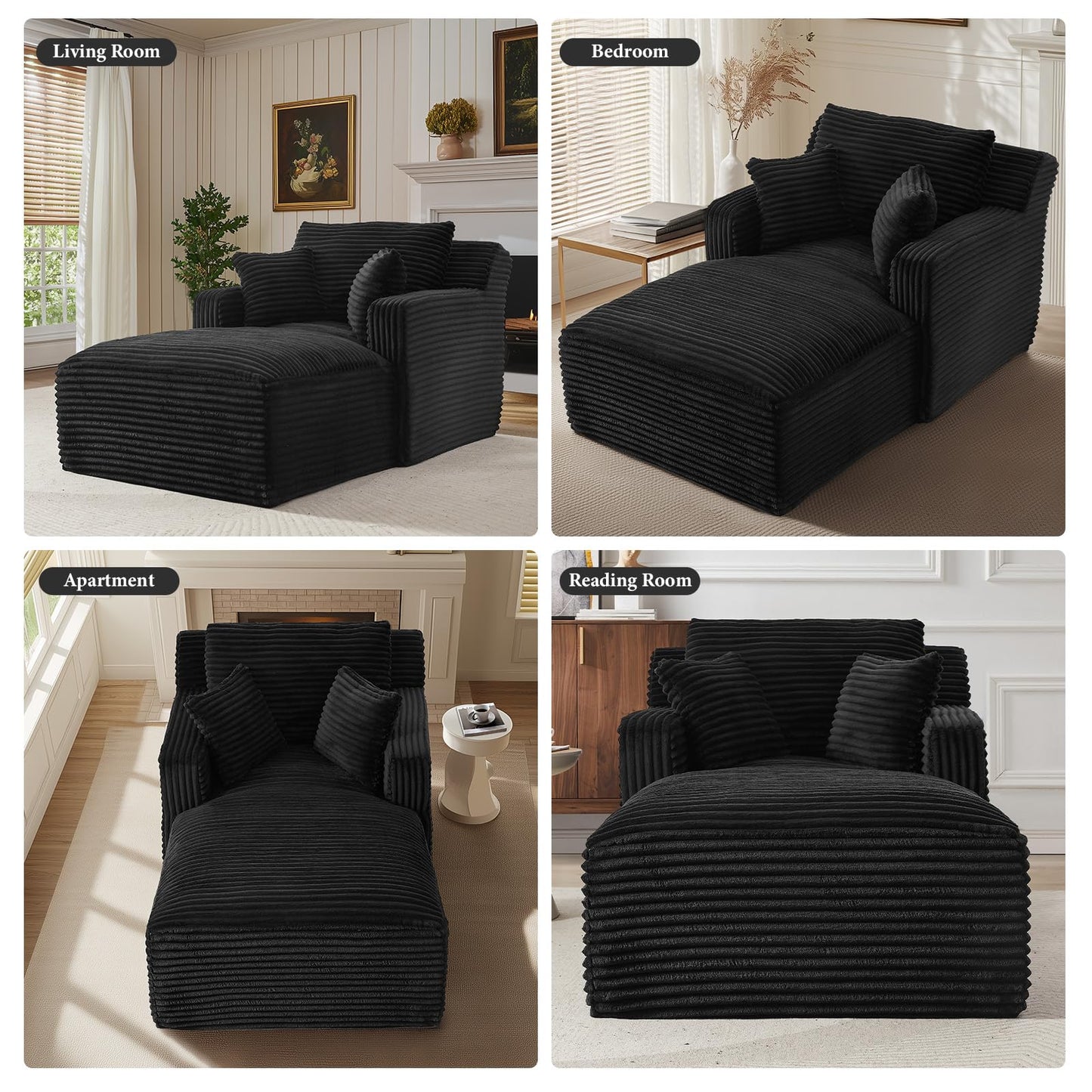 VEPXXP 65.4" Chaise Lounge Chair Indoor, Oversized Boneless Couch Comfy Upholstered Sleeper Sofa Bed with 3 Pillows, Corduroy Cloud Reading Chair for Living Room No Assembly Required, Black