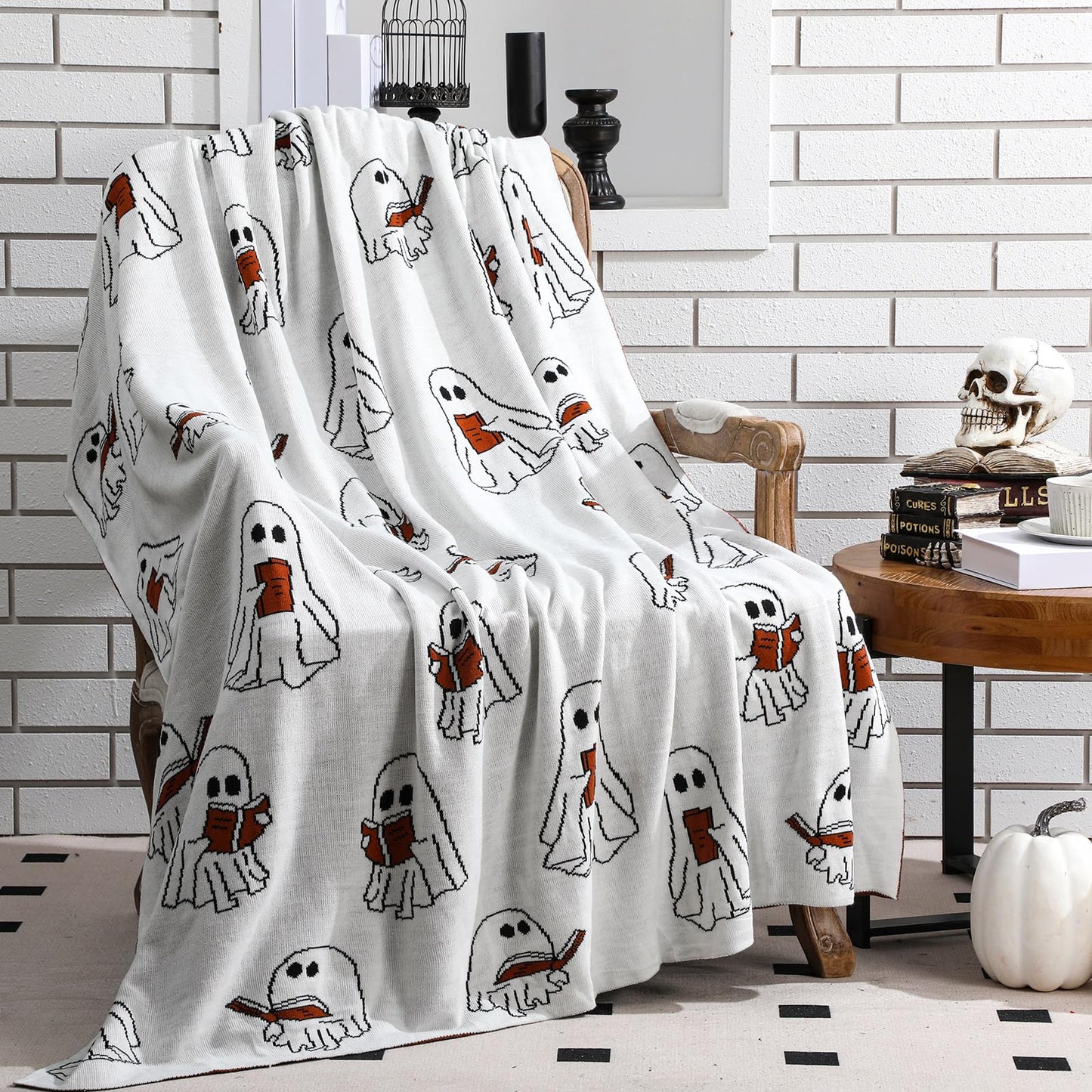 SmoothNovelty Easter Day Halloween Ghost Reading Book Blanket 50 x 60 Inches Soft Knit Throw with Ghosts Reading Book Pattern Halloween Easter Decoration Gift for Living Room Couch Sofa Bed